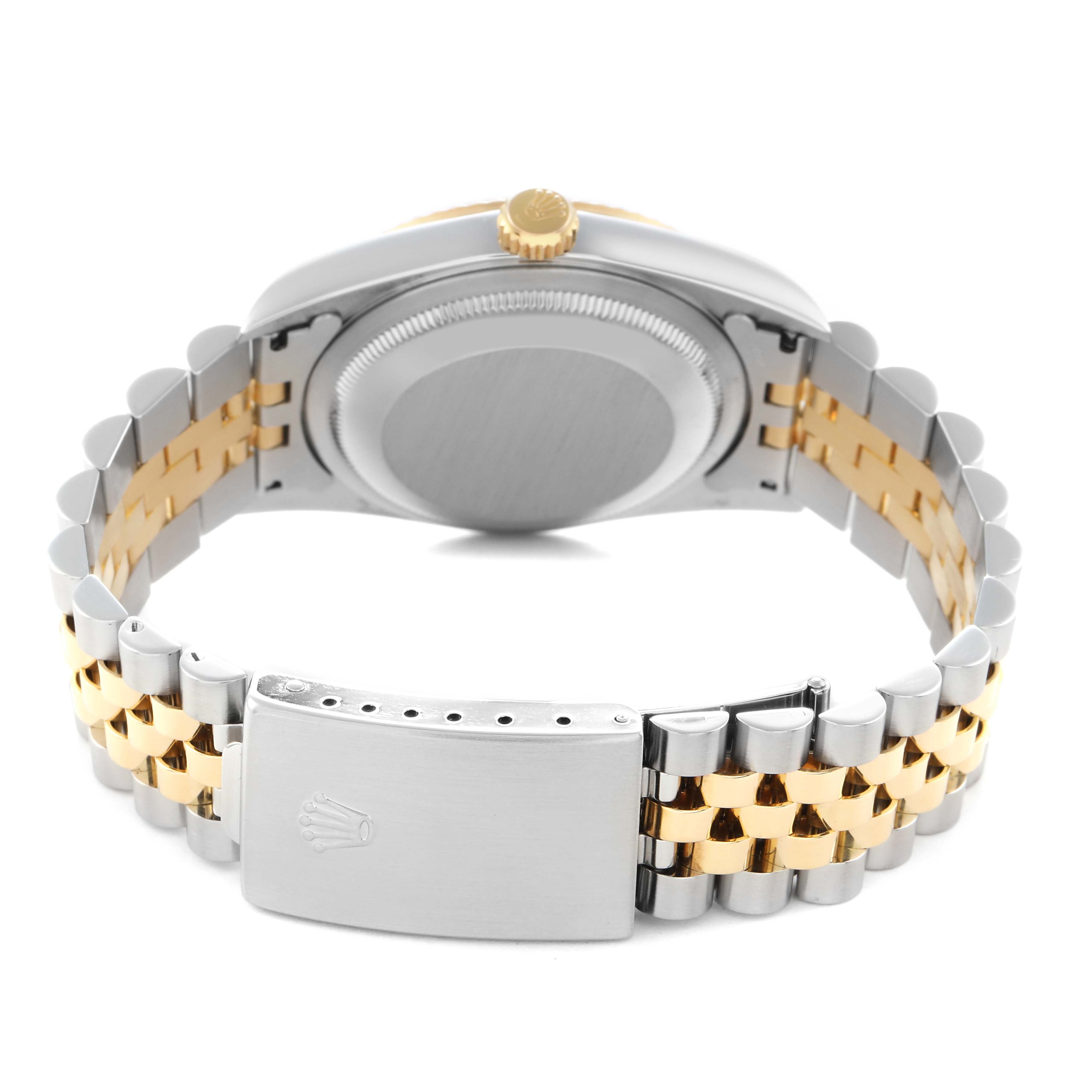 The image shows the back of a Rolex Datejust 16233 Men
s Steel and Gold (two tone) Black Dial watch, focusing on the case back, crown, and Jubilee bracelet and clasp.