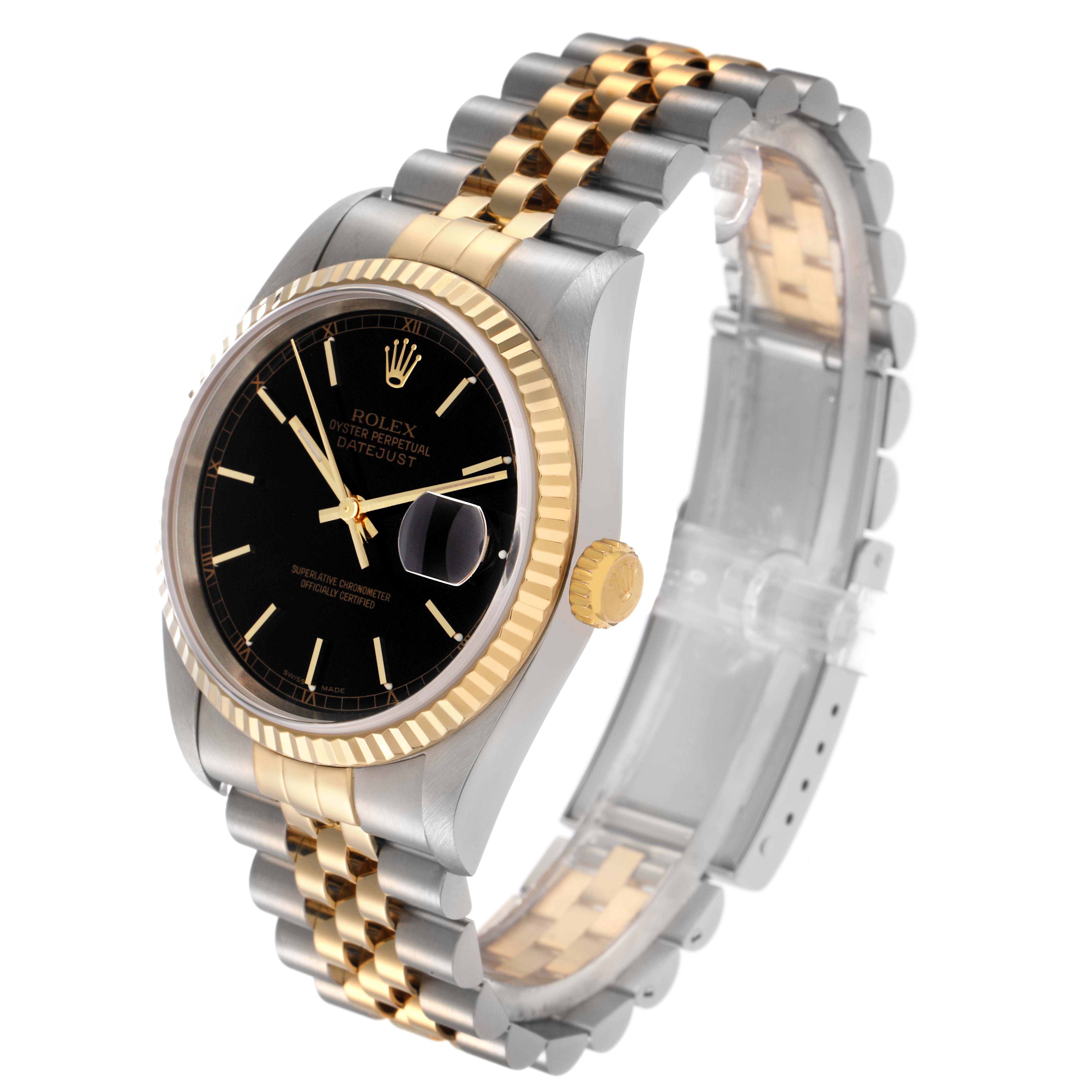 The Rolex Datejust 16233 Men
s Steel and Gold (two tone) Black Dial watch is shown at a slight angle, highlighting the black dial, fluted bezel, and two-tone Jubilee bracelet.