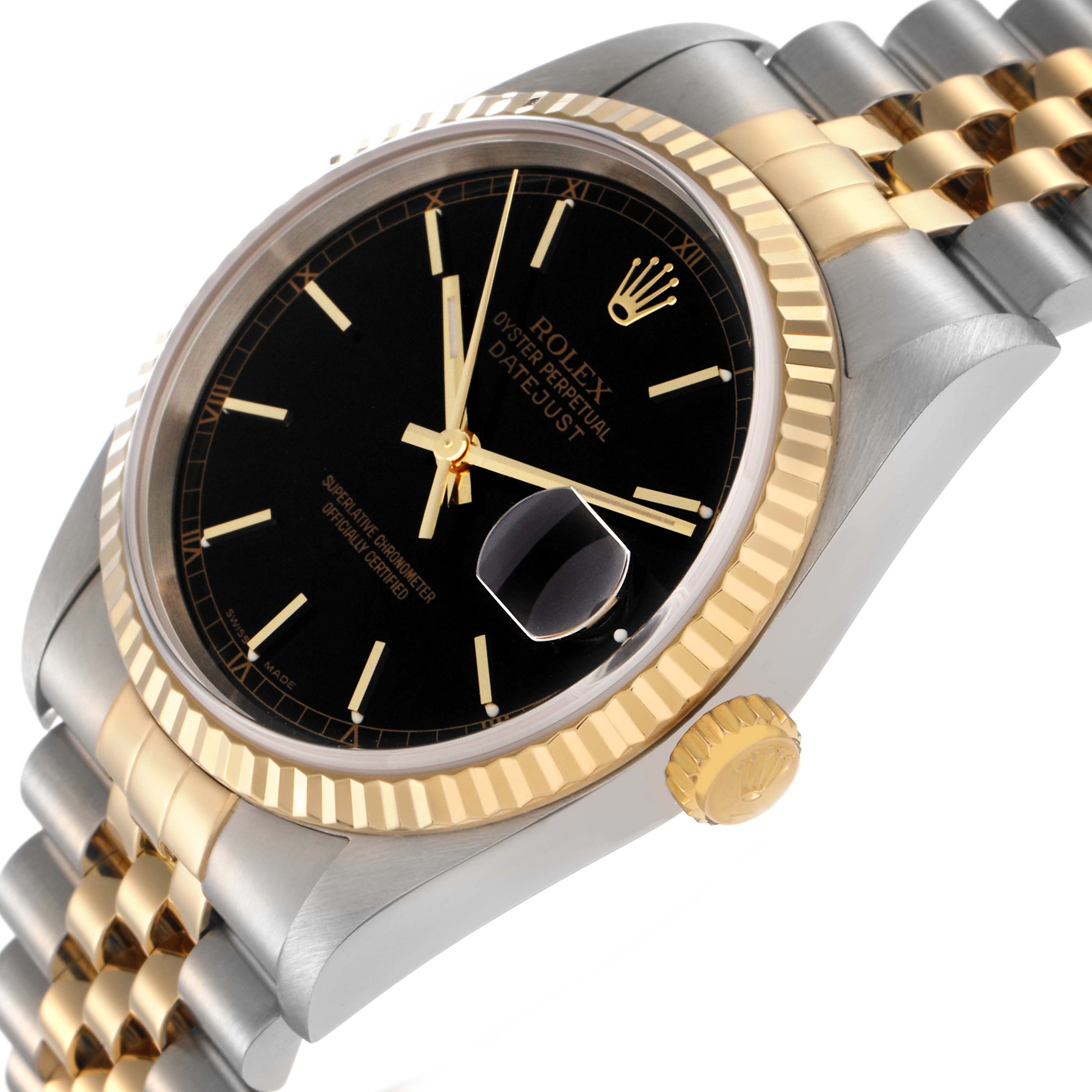 The watch is a Rolex Datejust 16233 Men
s Steel and Gold (two tone) Black Dial, shown at an angle highlighting the black dial, fluted bezel, Jubilee bracelet, and crown.