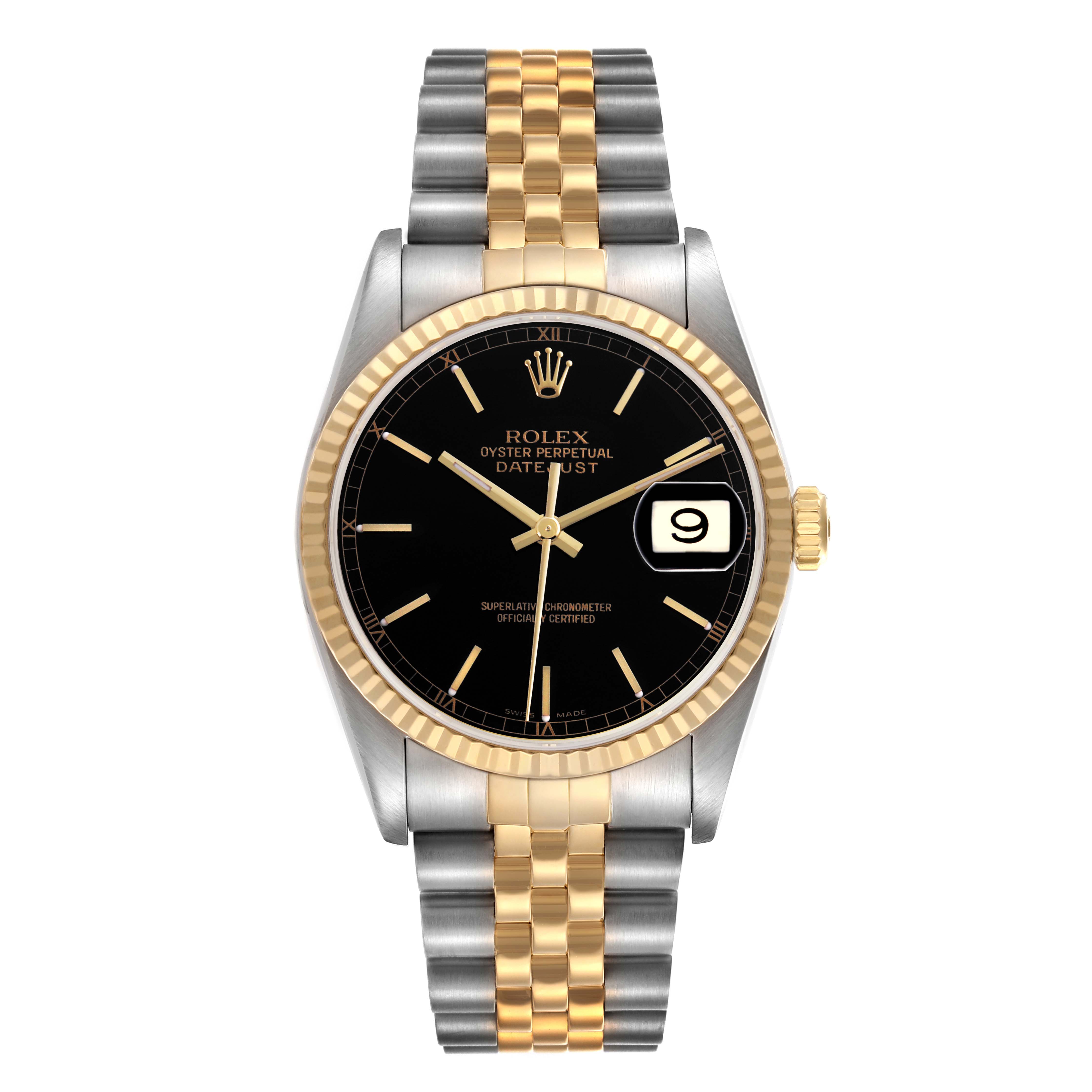 The Rolex Datejust 16233 Men
s Steel and Gold (two tone) Black Dial watch is shown from a front view, displaying the dial, date window, fluted bezel, and jubilee bracelet.