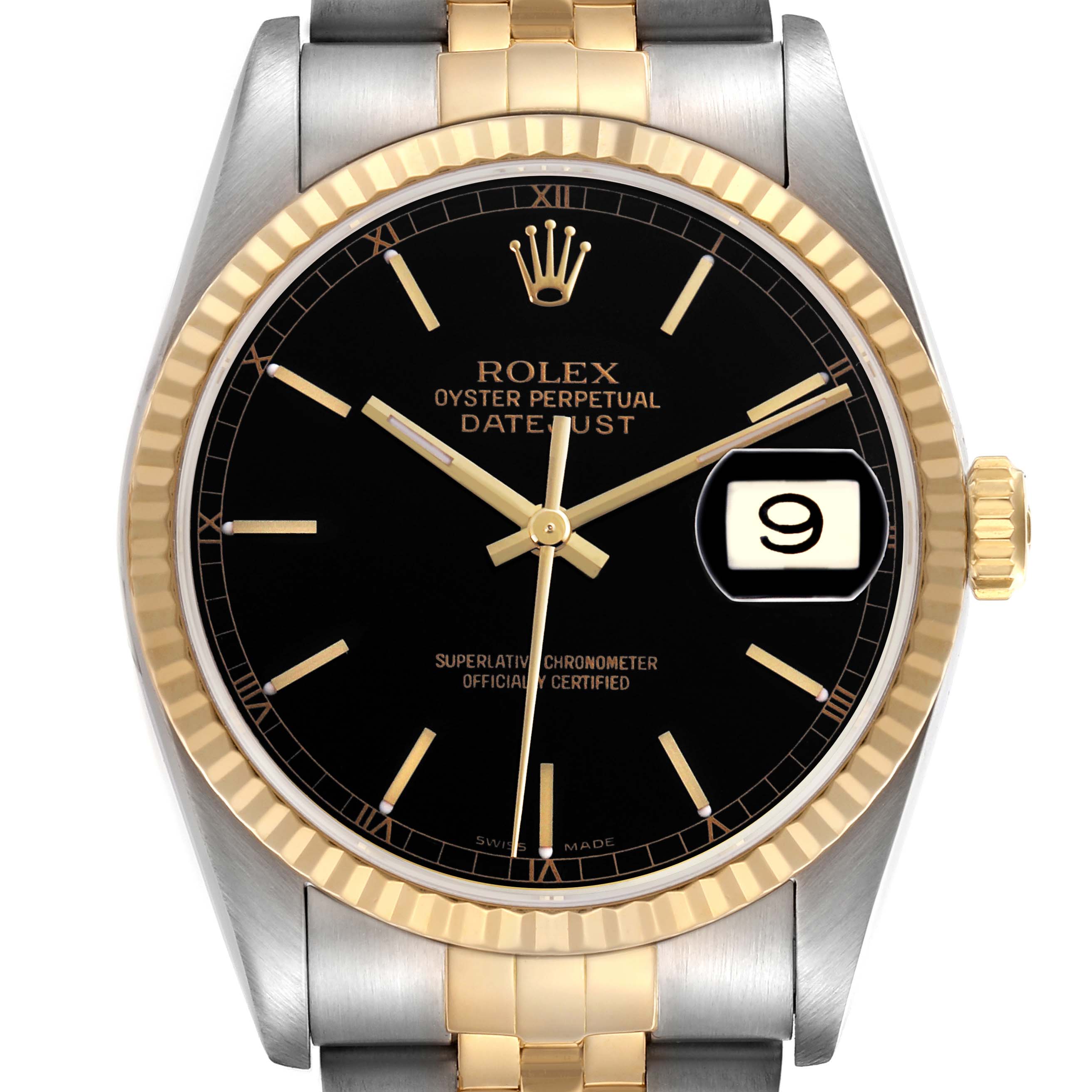 The image shows a frontal view of a Rolex Datejust 16233 Men
s Steel and Gold (two tone) Black Dial watch, highlighting the dial, bezel, hands, and date window.