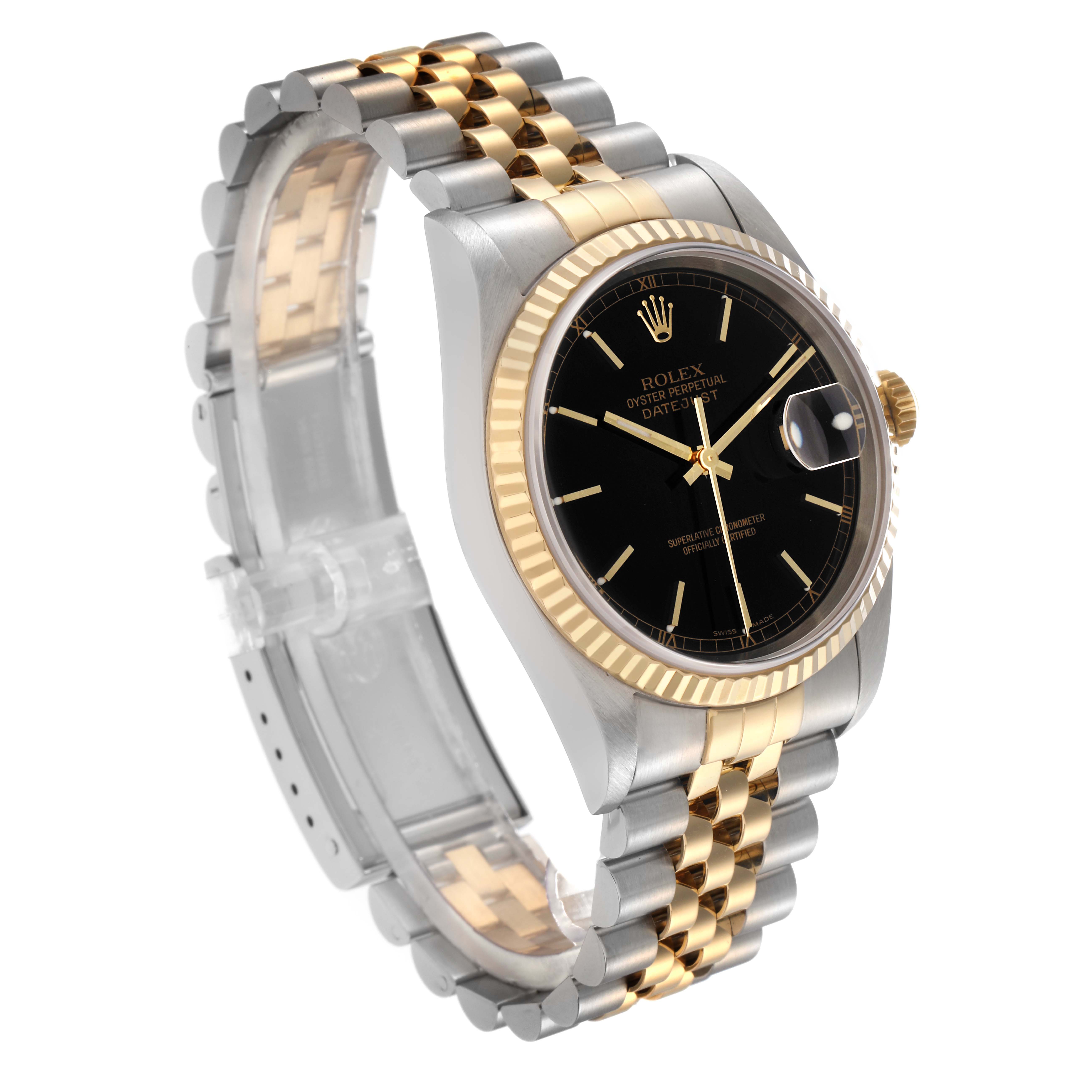 The watch is a Rolex Datejust 16233 Men
s Steel and Gold (two tone) Black Dial, shown at a slight angle displaying the black dial, gold bezel, and two-tone Jubilee bracelet.