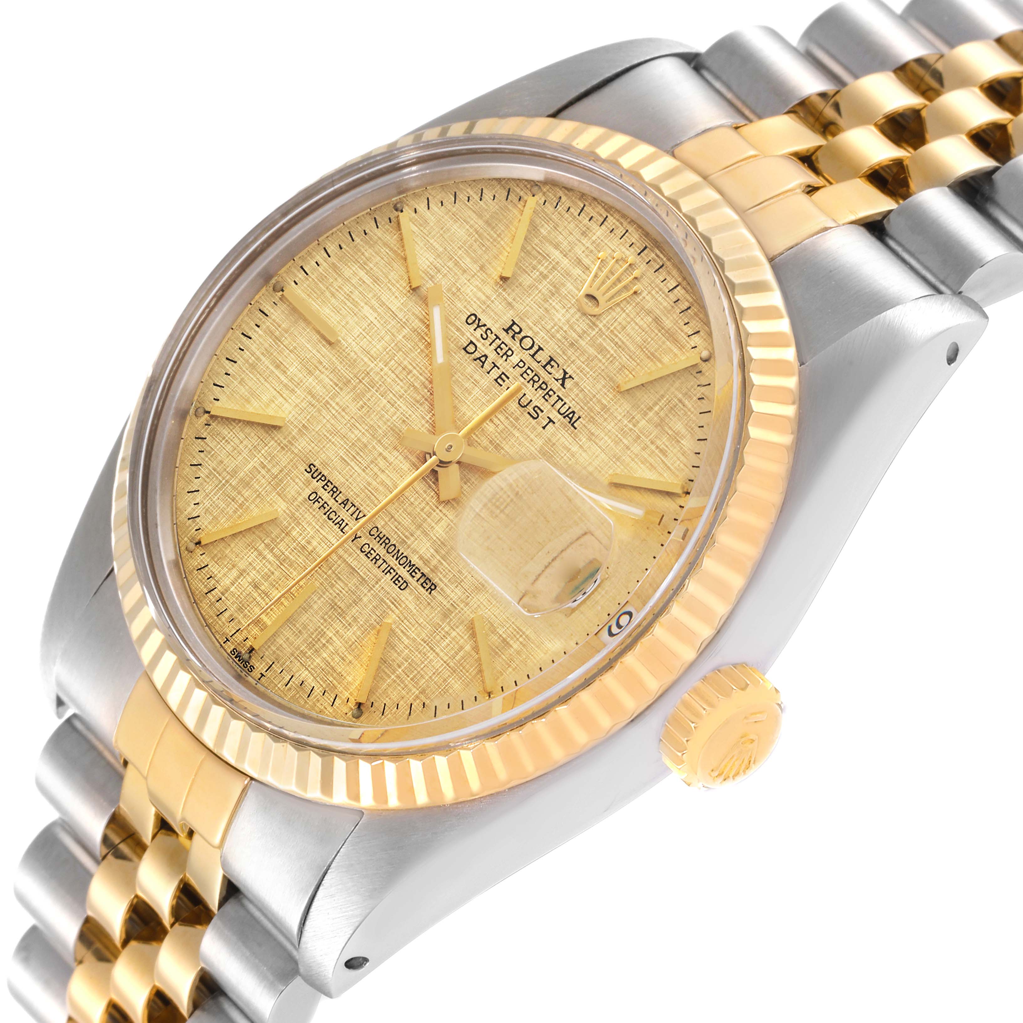The image shows a close-up of the Rolex Vintage Collection 16013 Men
s Steel and Gold (two tone) Champagne Dial 16013 Men
s Steel and Gold (two tone) Champagne Dial watch, displaying its gold dial and bi-metal bracelet from an angled side view.
