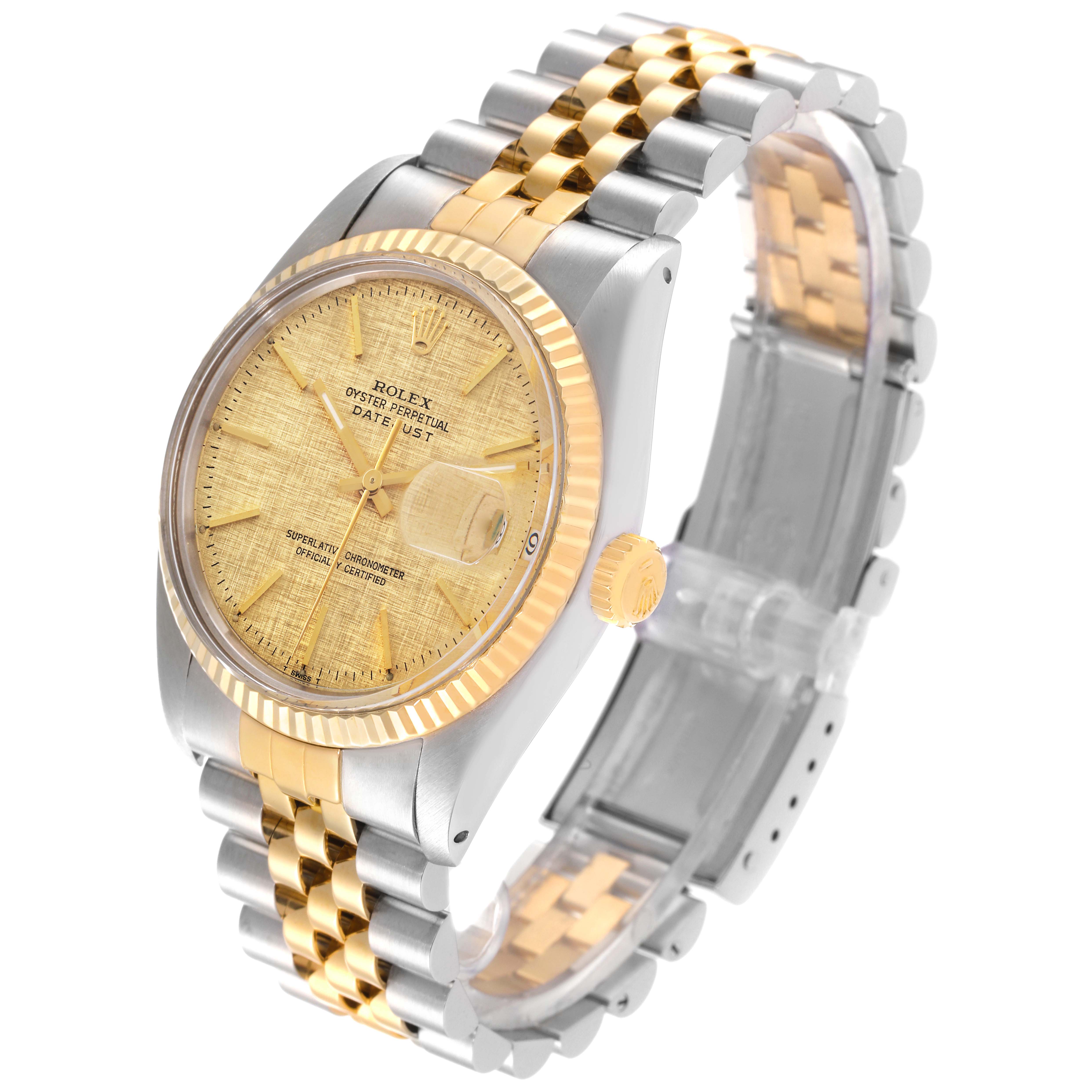 The image displays a Rolex Vintage Collection 16013 Men
s Steel and Gold (two tone) Champagne Dial 16013 Men
s Steel and Gold (two tone) Champagne Dial Oyster Perpetual Datejust watch at a three-quarter angle, showcasing its dial, fluted bezel, and jubilee bracelet.