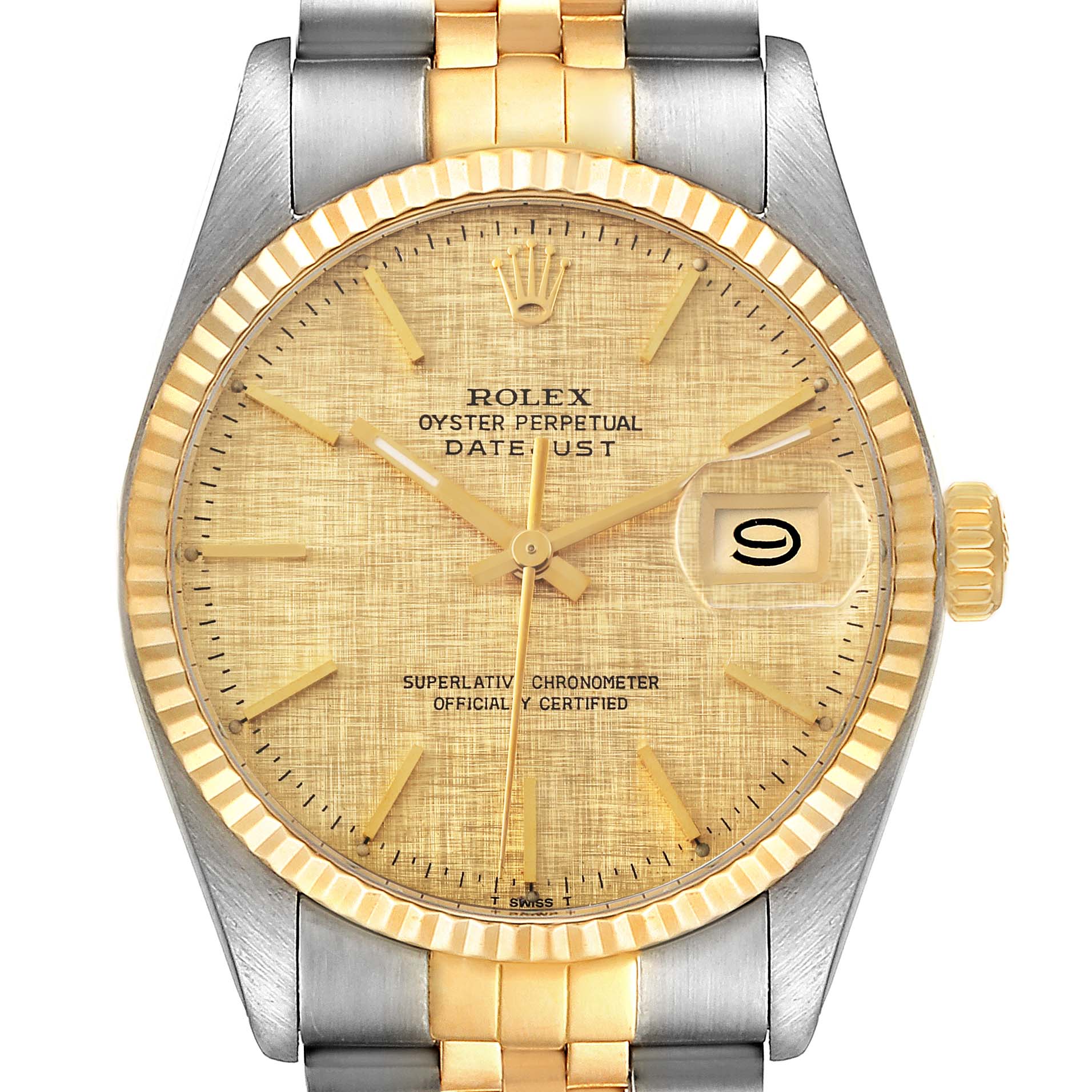 This image shows a front view of the dial, bezel, and part of the bracelet of the Rolex Vintage Collection 16013 Men
s Steel and Gold (two tone) Champagne Dial 16013 Men
s Steel and Gold (two tone) Champagne Dial Oyster Perpetual Datejust watch.