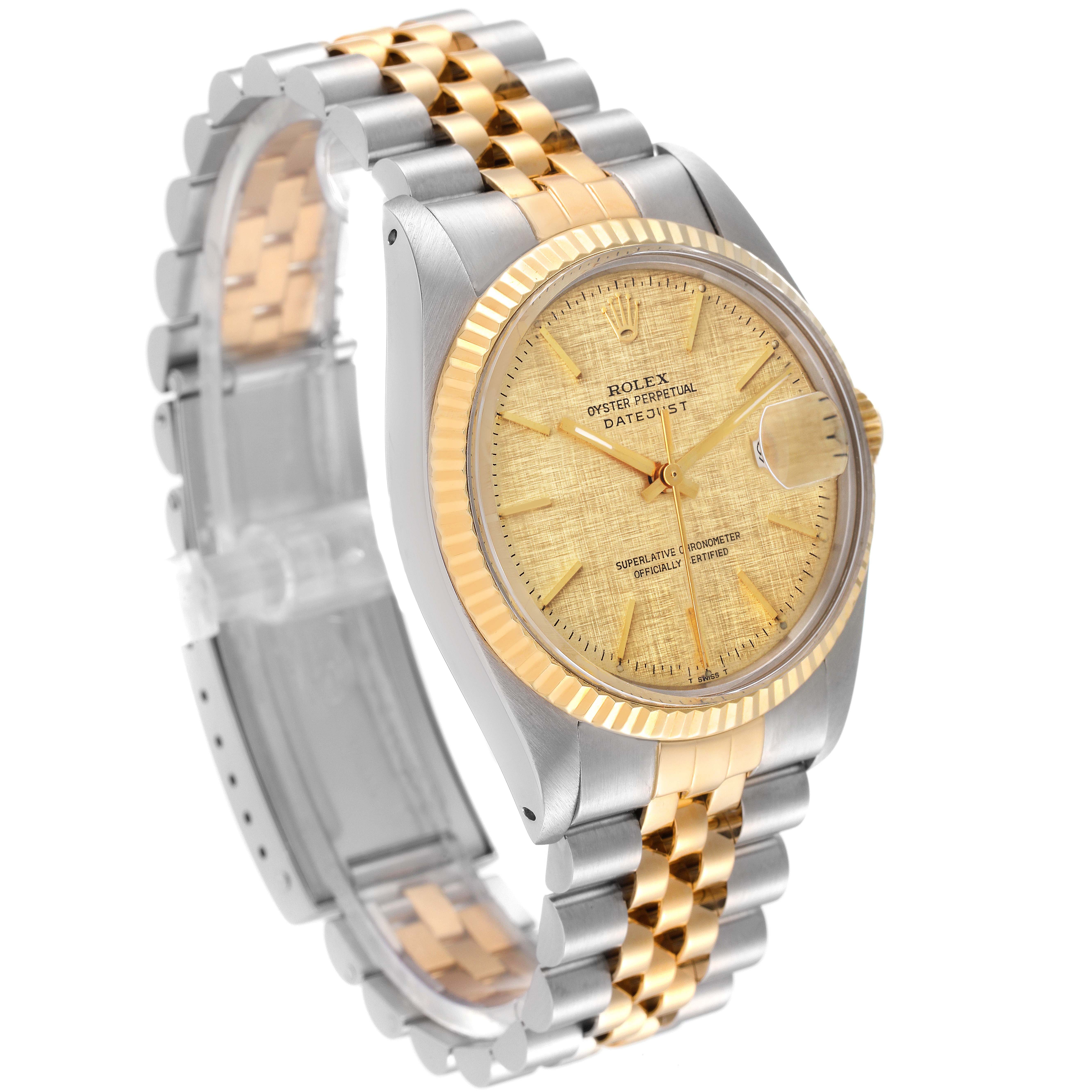This image shows a Rolex Vintage Collection 16013 Men
s Steel and Gold (two tone) Champagne Dial 16013 Men
s Steel and Gold (two tone) Champagne Dial Datejust watch at a three-quarter angle, highlighting the face, bezel, and two-tone metal bracelet.