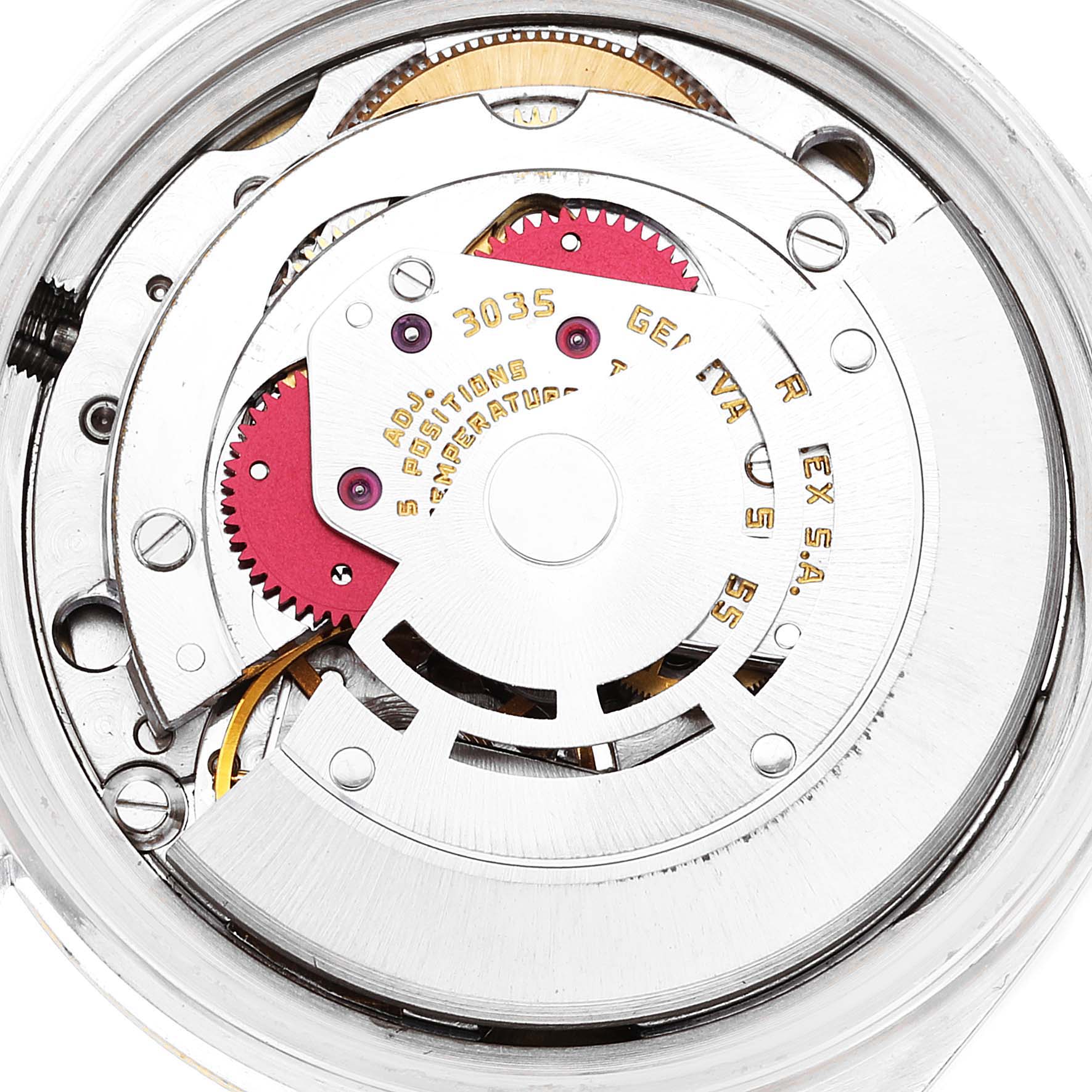 The image shows a close-up of the movement mechanism of the Rolex Vintage Collection 16013 Men
s Steel and Gold (two tone) Champagne Dial 16013 Men
s Steel and Gold (two tone) Champagne Dial model watch.