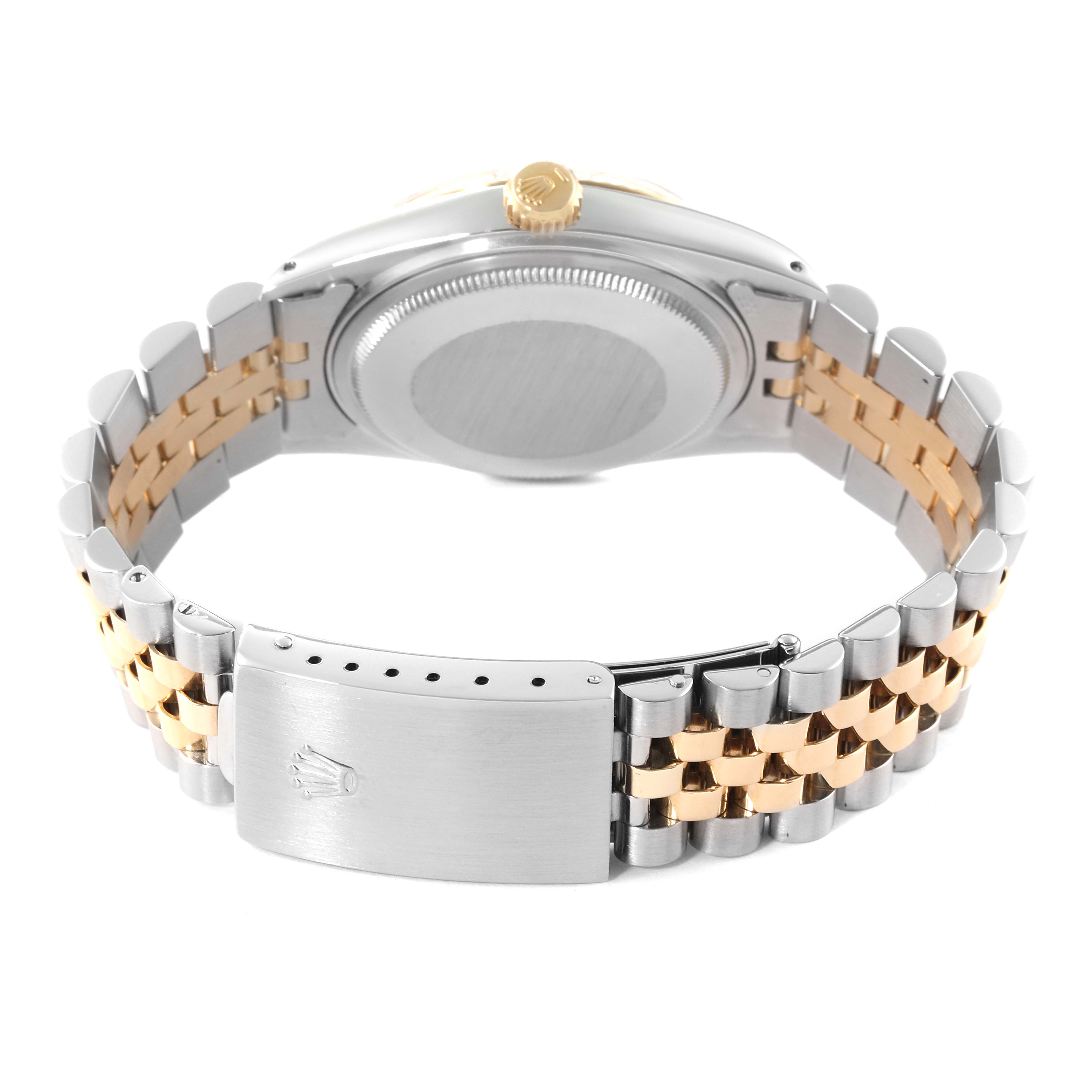 The image shows the back view of the Rolex Vintage Collection 16013 Men
s Steel and Gold (two tone) Champagne Dial 16013 Men
s Steel and Gold (two tone) Champagne Dial watch, highlighting the clasp, bracelet, and case back.