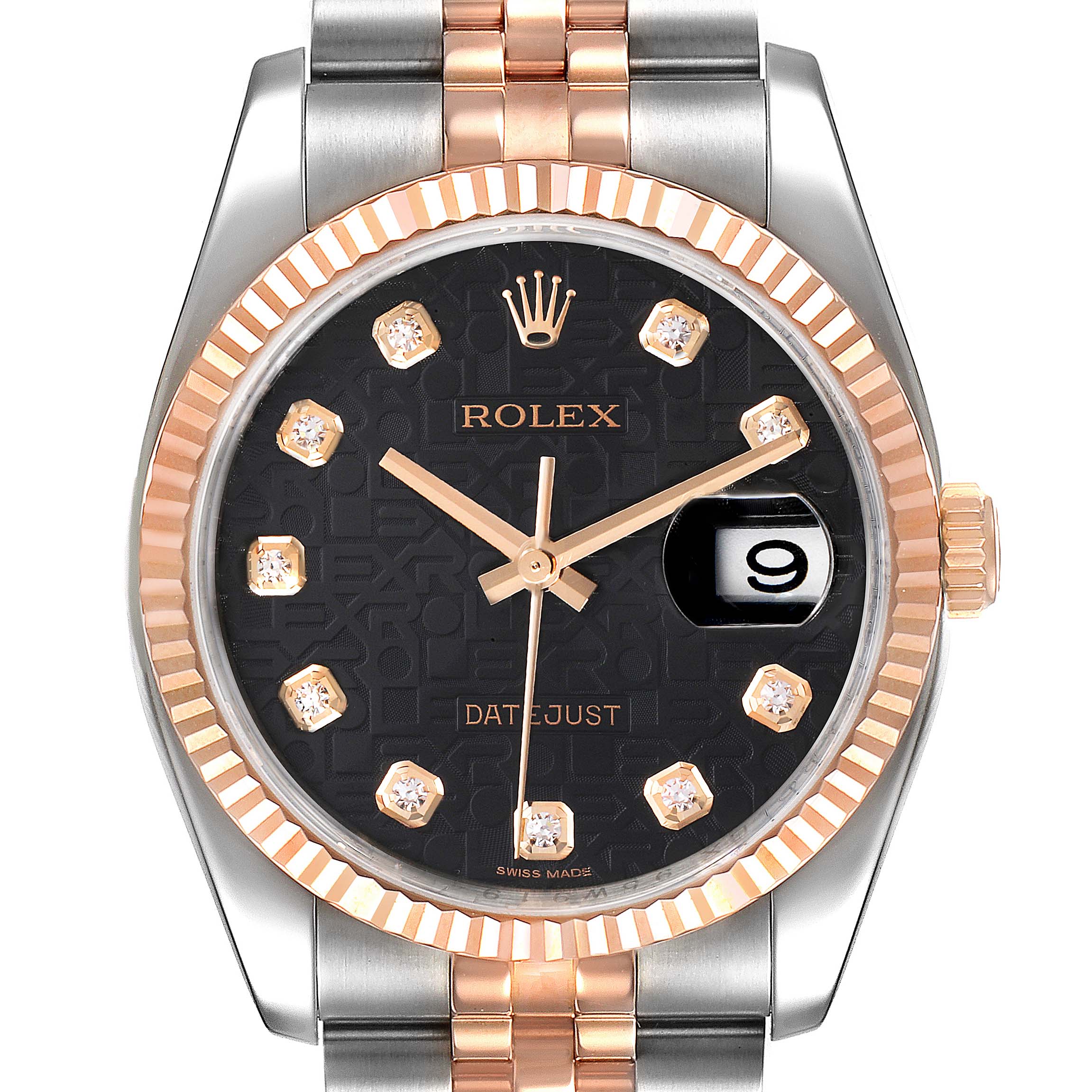 This image shows a frontal view of a Datejust model by Rolex, highlighting the dial, bezel, and part of the bracelet.