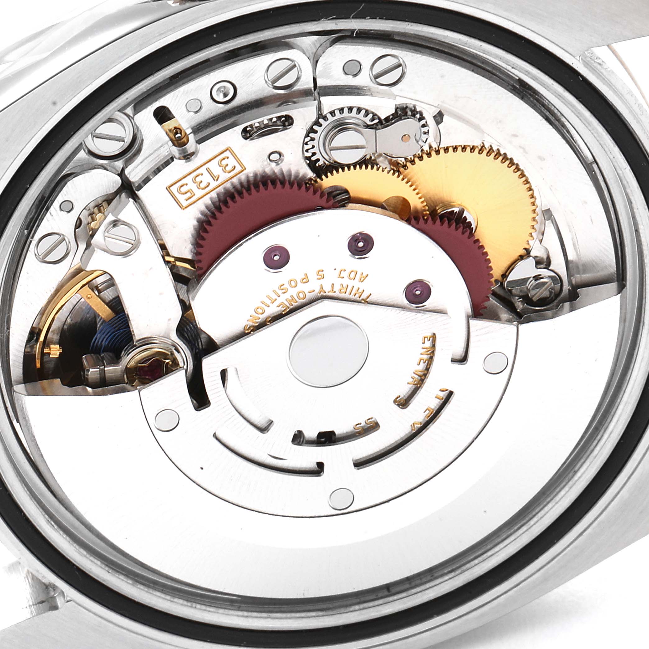 This image shows the inner mechanics and movement components of the Rolex Datejust 116231 Men's Steel and Gold (two tone) Black Dial 116231 Men's Steel and Gold (two tone) Black Dial model from the back angle.