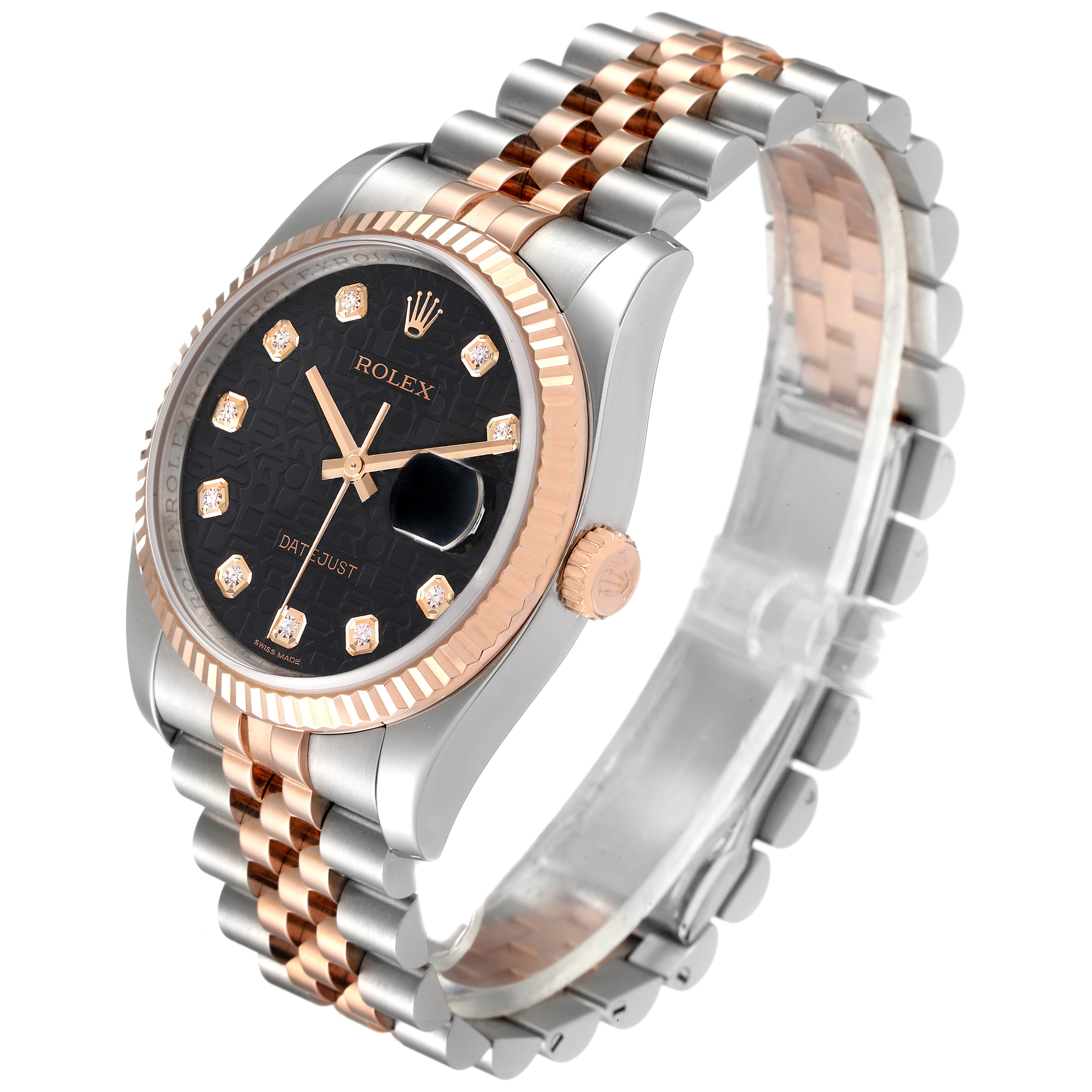 The image shows a Rolex Datejust 116231 Men's Steel and Gold (two tone) Black Dial 116231 Men's Steel and Gold (two tone) Black Dial watch at a slight angle, highlighting its dial, fluted bezel, and two-tone bracelet.