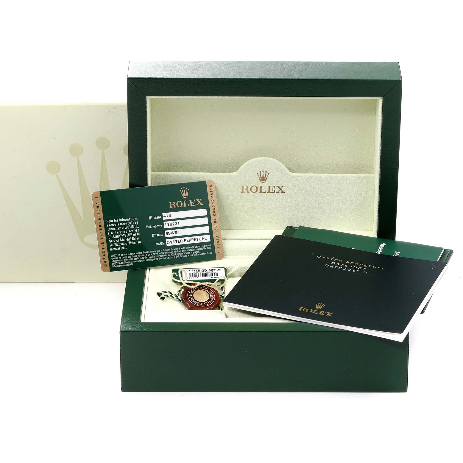 The image shows the packaging, warranty card, manuals, and tags for a Rolex Datejust 116231 Men's Steel and Gold (two tone) Black Dial 116231 Men's Steel and Gold (two tone) Black Dial watch.