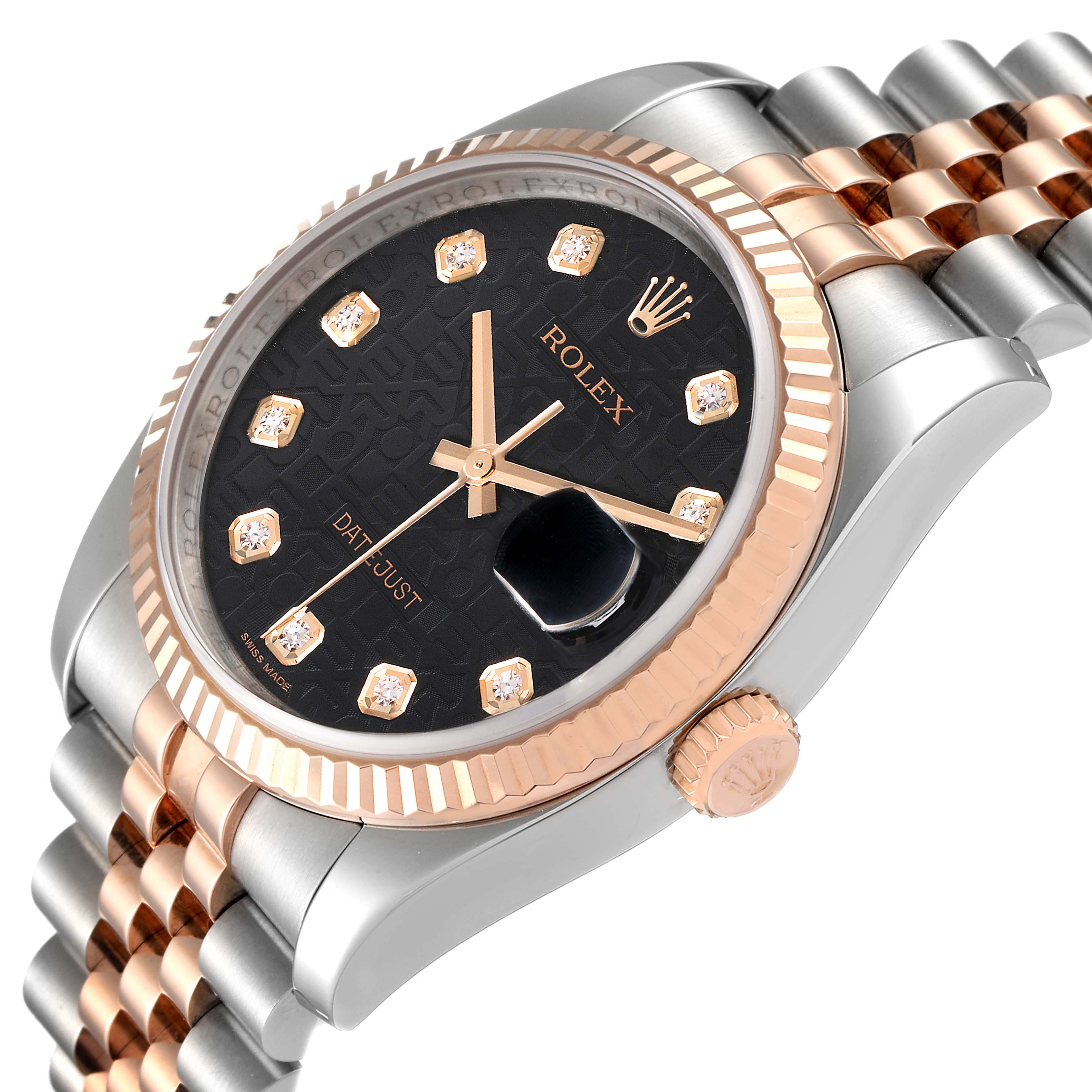 The image shows a Rolex Datejust 116231 Men's Steel and Gold (two tone) Black Dial 116231 Men's Steel and Gold (two tone) Black Dial watch from a front angle, highlighting its dial, bezel, crown, and bracelet.