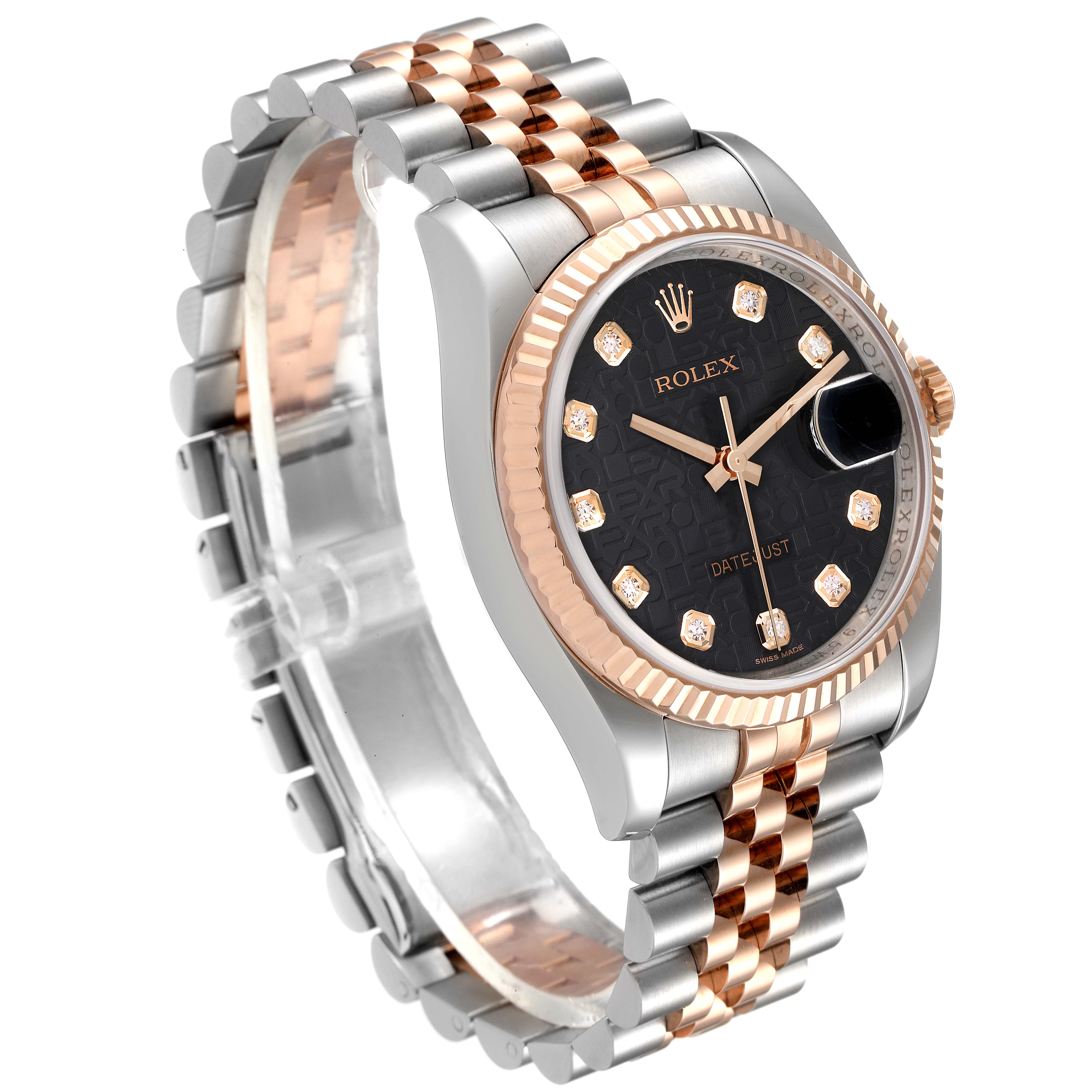 The image shows a Rolex Datejust 116231 Men's Steel and Gold (two tone) Black Dial 116231 Men's Steel and Gold (two tone) Black Dial watch at an angled view, highlighting its two-tone bracelet, fluted bezel, and black dial.