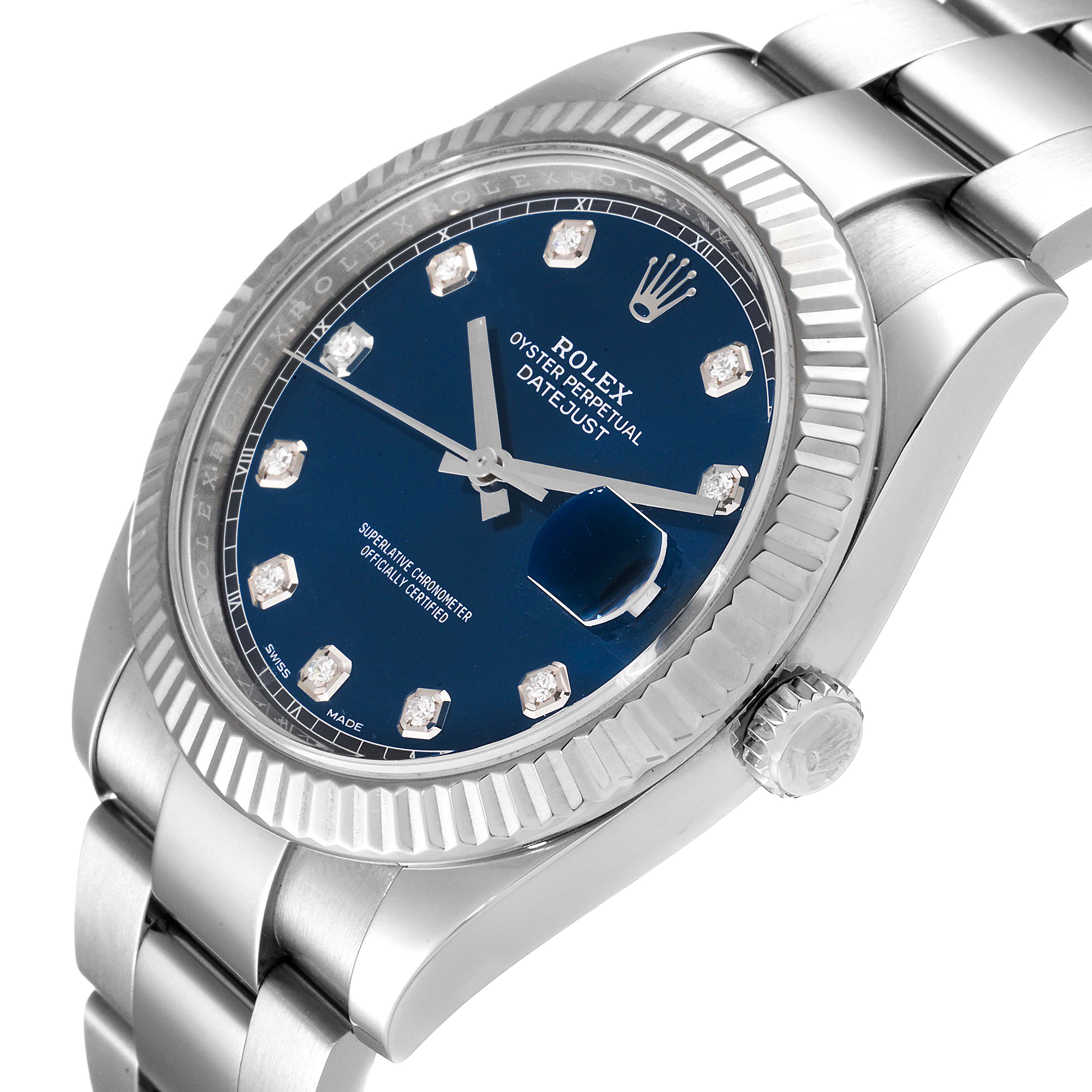 The image shows a close-up, angled view of the Rolex Datejust 41 126334 Men
s Stainless Steel Blue Dial 126334 Men
s Stainless Steel Blue Dial watch, highlighting the blue dial, diamond markers, and stainless steel bracelet.