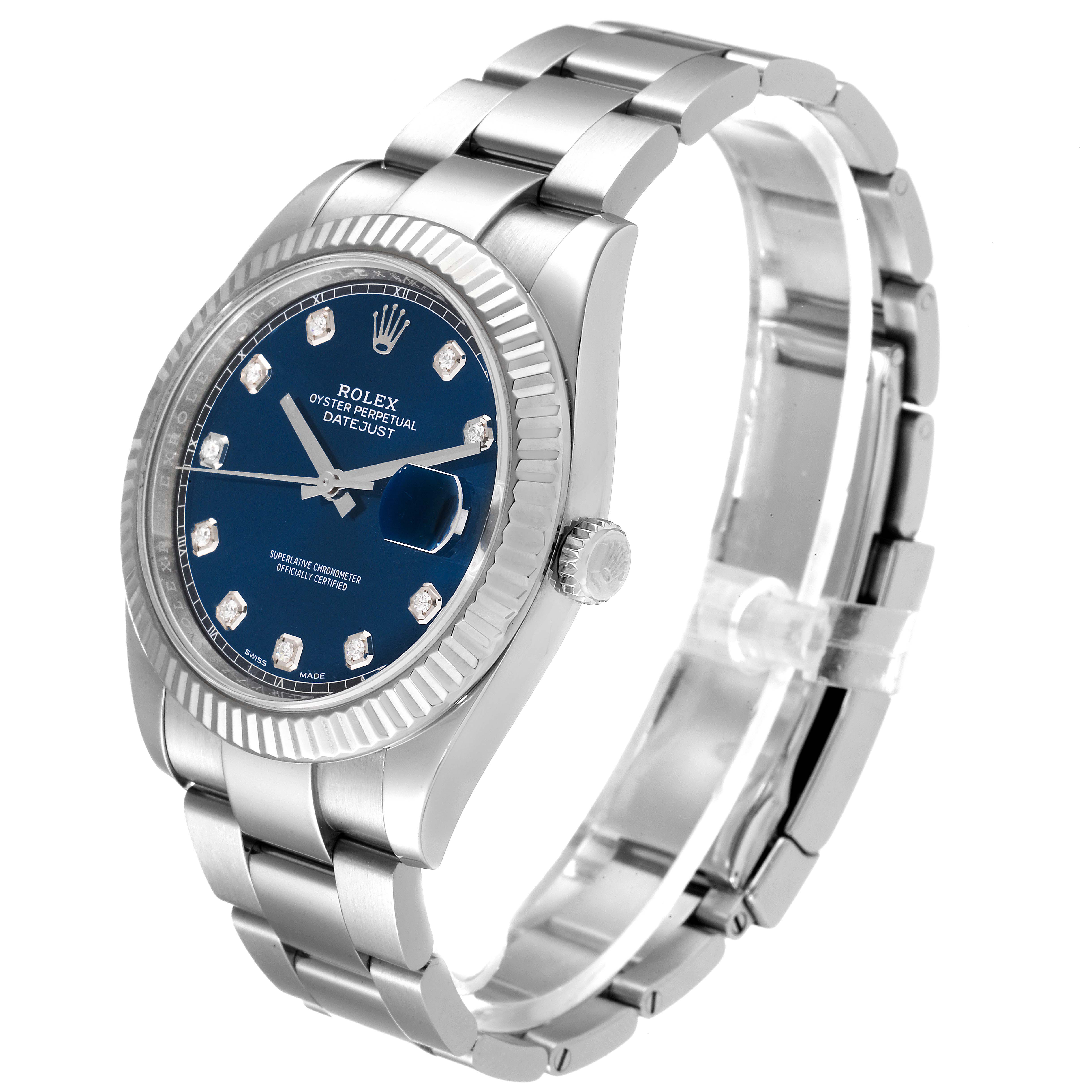 The Rolex Datejust 41 126334 Men
s Stainless Steel Blue Dial 126334 Men
s Stainless Steel Blue Dial watch is shown at an angle displaying its face, bezel, crown, and bracelet.
