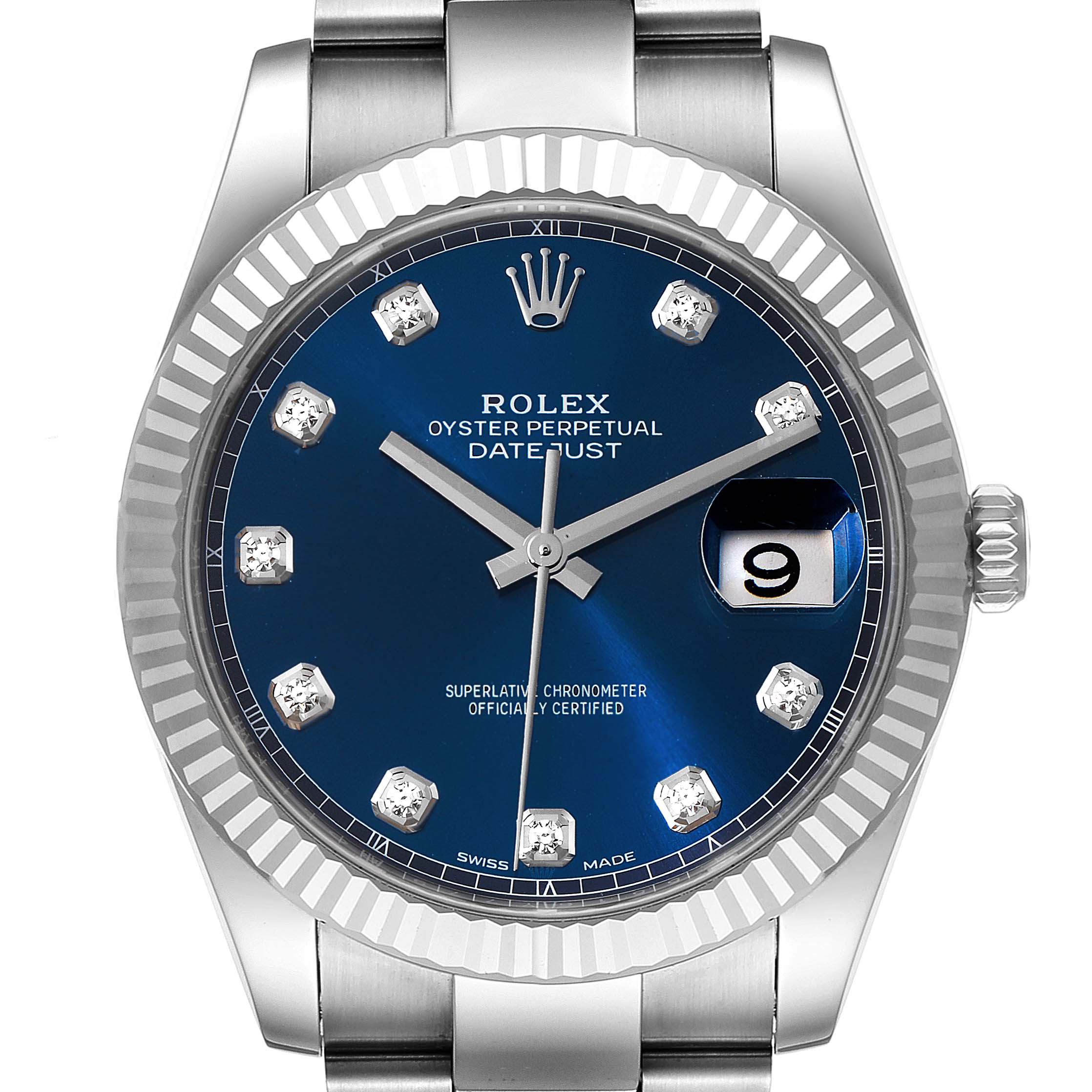 The image displays a front view of the Rolex Datejust 41 126334 Men
s Stainless Steel Blue Dial 126334 Men
s Stainless Steel Blue Dial watch, highlighting its blue dial, diamond hour markers, and fluted bezel.