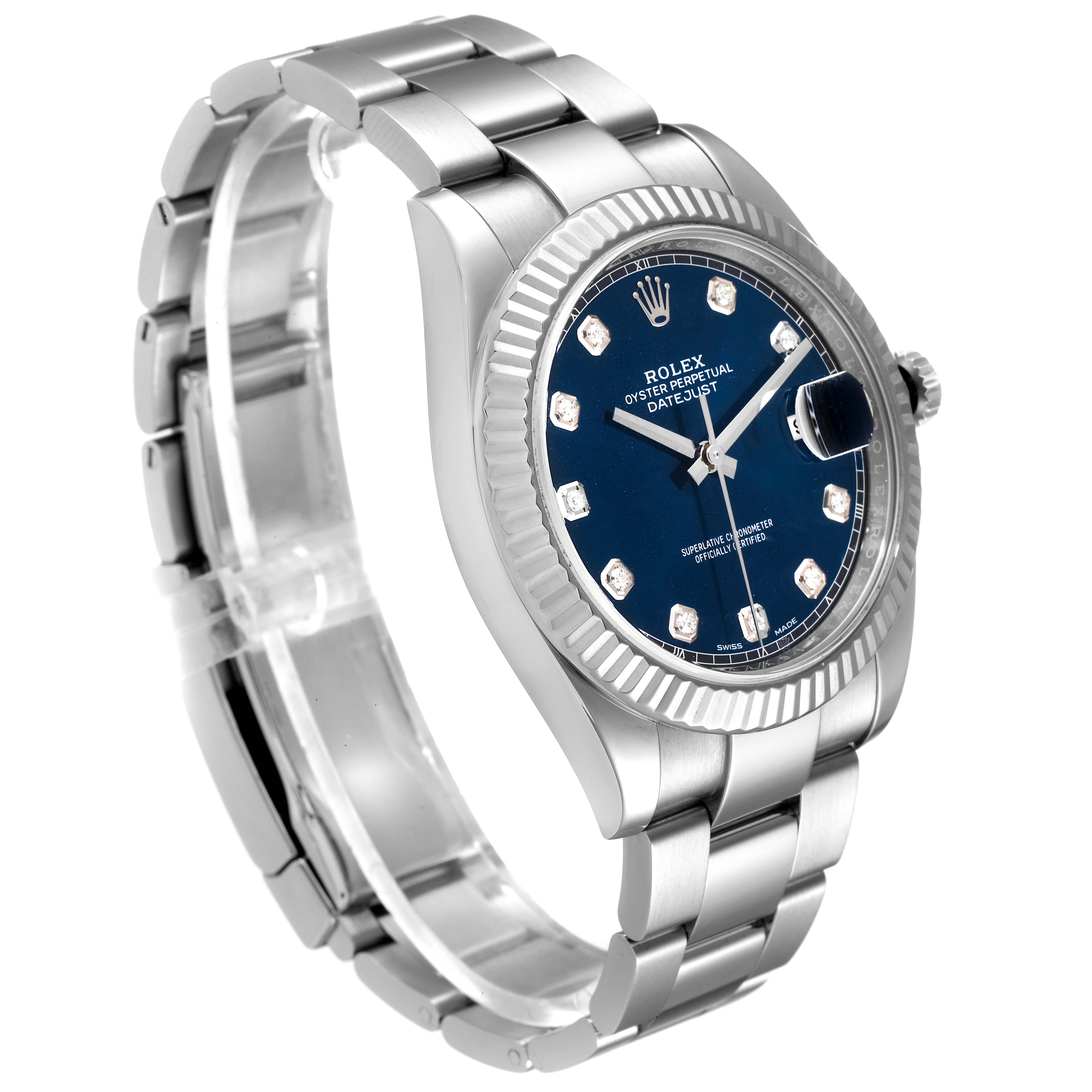 The Rolex Datejust 41 126334 Men
s Stainless Steel Blue Dial 126334 Men
s Stainless Steel Blue Dial watch is pictured at an angle, showcasing its blue dial, fluted bezel, and stainless steel bracelet.