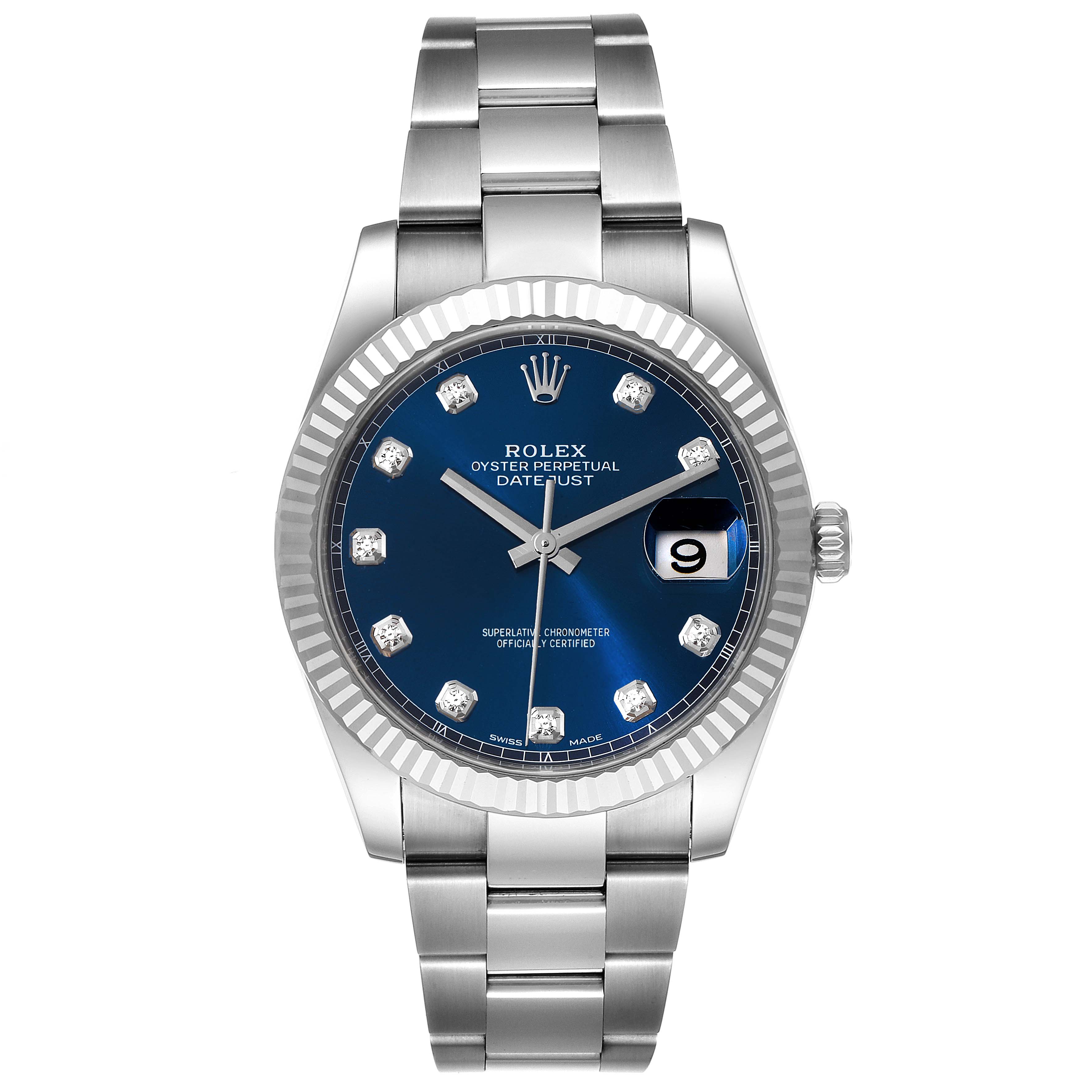 This is a front view of a Rolex Datejust 41 126334 Men
s Stainless Steel Blue Dial 126334 Men
s Stainless Steel Blue Dial watch, showing its blue dial, fluted bezel, and metal bracelet.