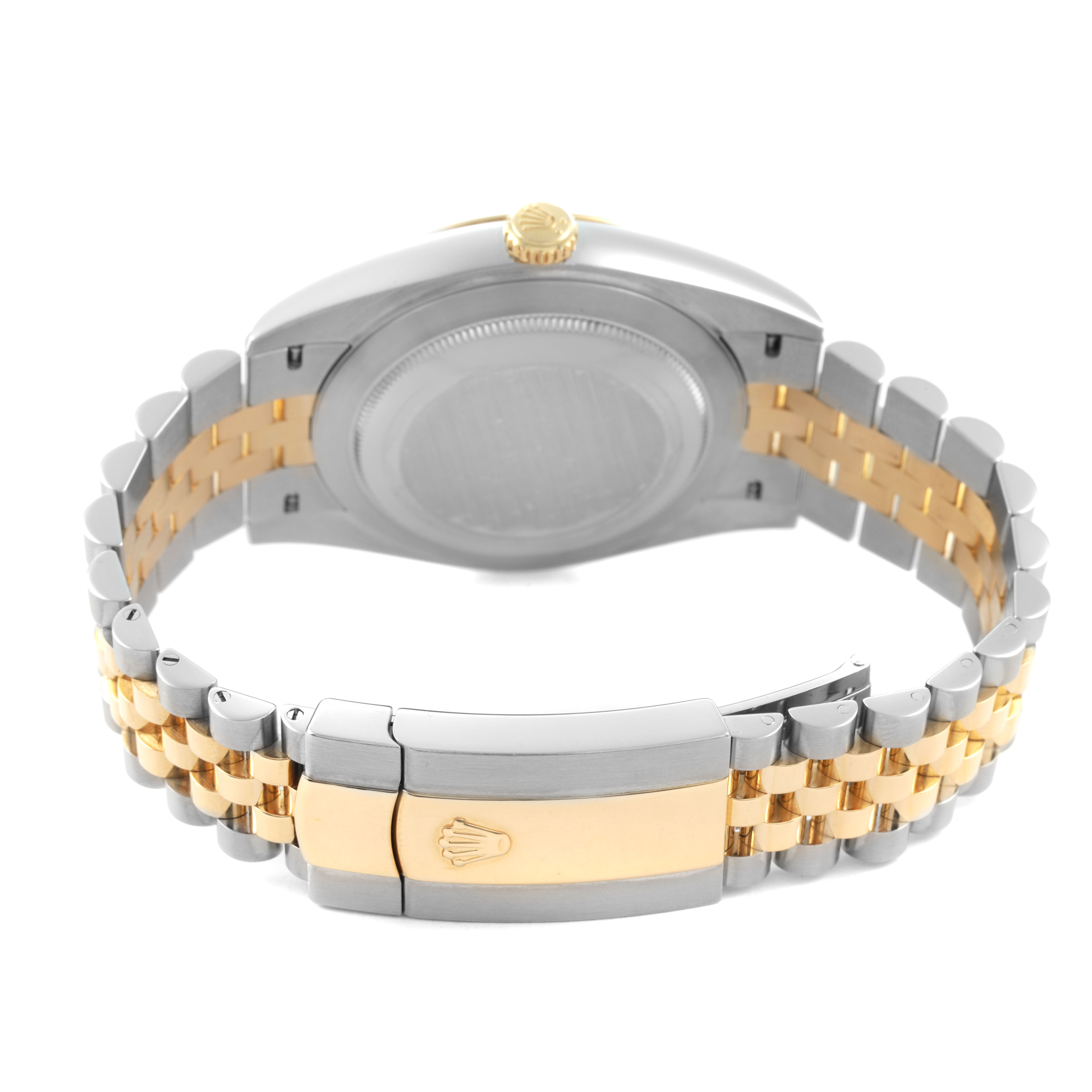 The image shows the back view of a Rolex Datejust 126303 Men's Steel and Gold (two tone) Black Dial watch, highlighting its two-tone bracelet and clasp.