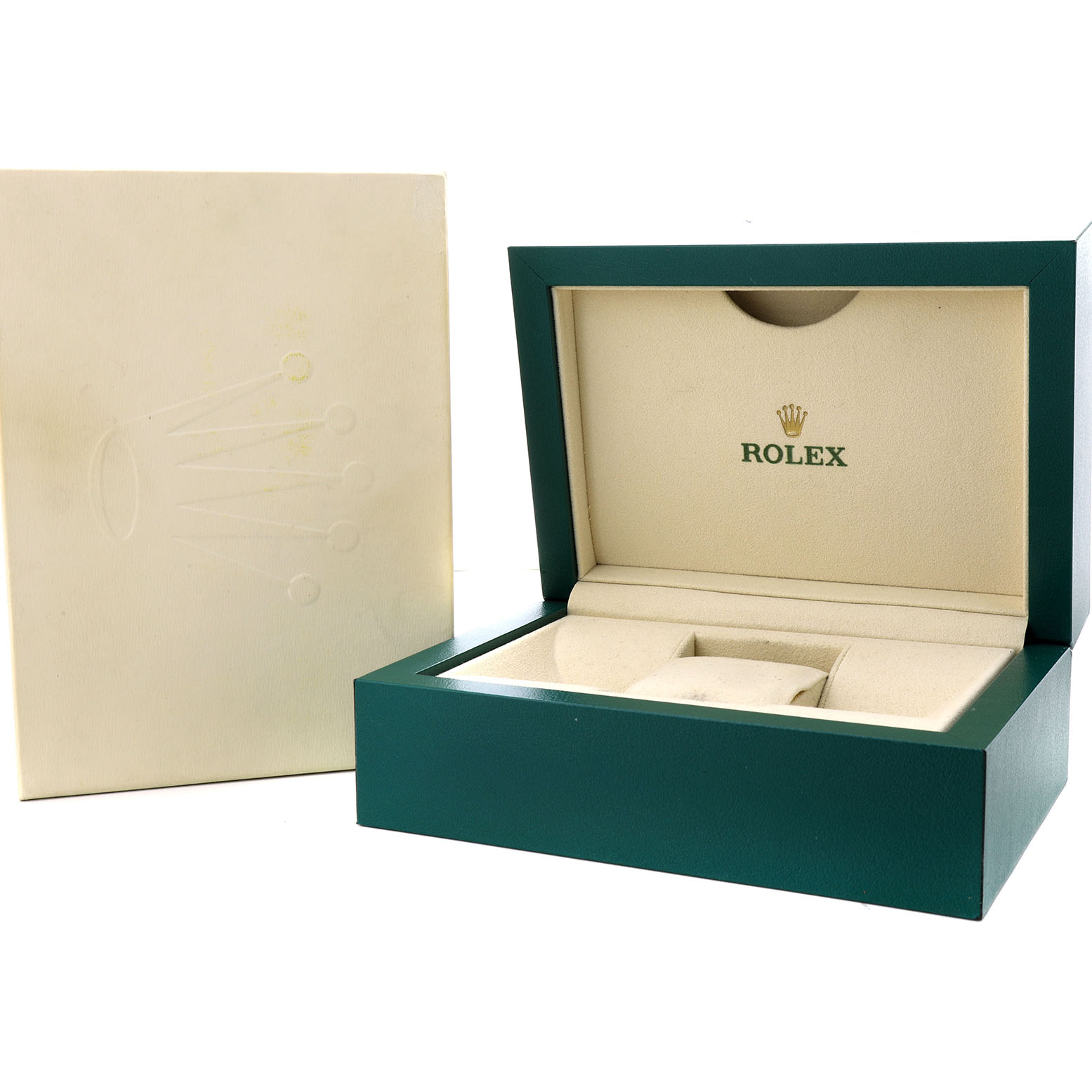 The image shows an open Rolex Datejust 126303 Men's Steel and Gold (two tone) Black Dial watch box at an angle, displaying the interior with the Rolex logo.