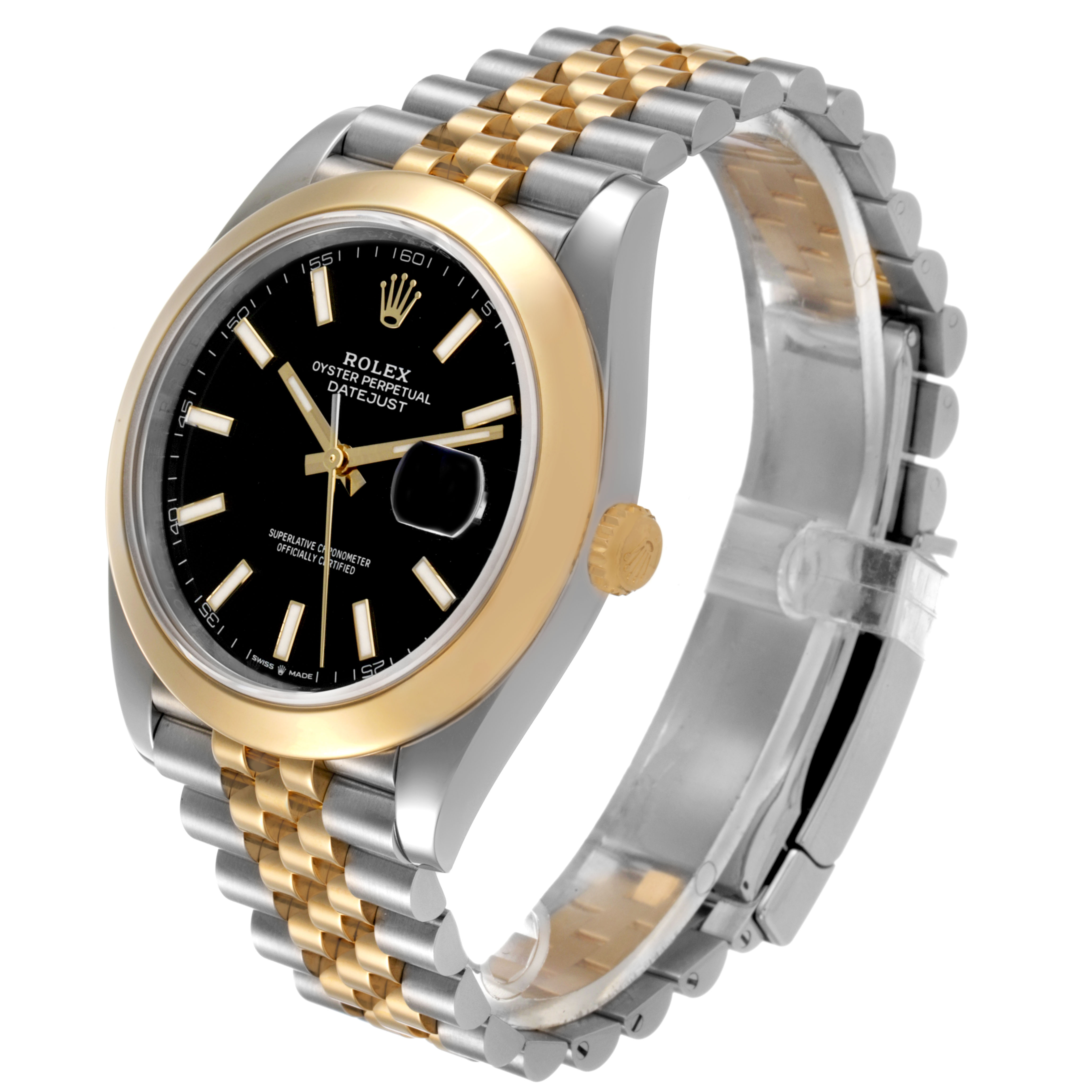 The Rolex Datejust 126303 Men's Steel and Gold (two tone) Black Dial watch is displayed at a three-quarter angle, showing the black dial, gold bezel, and jubilee bracelet.