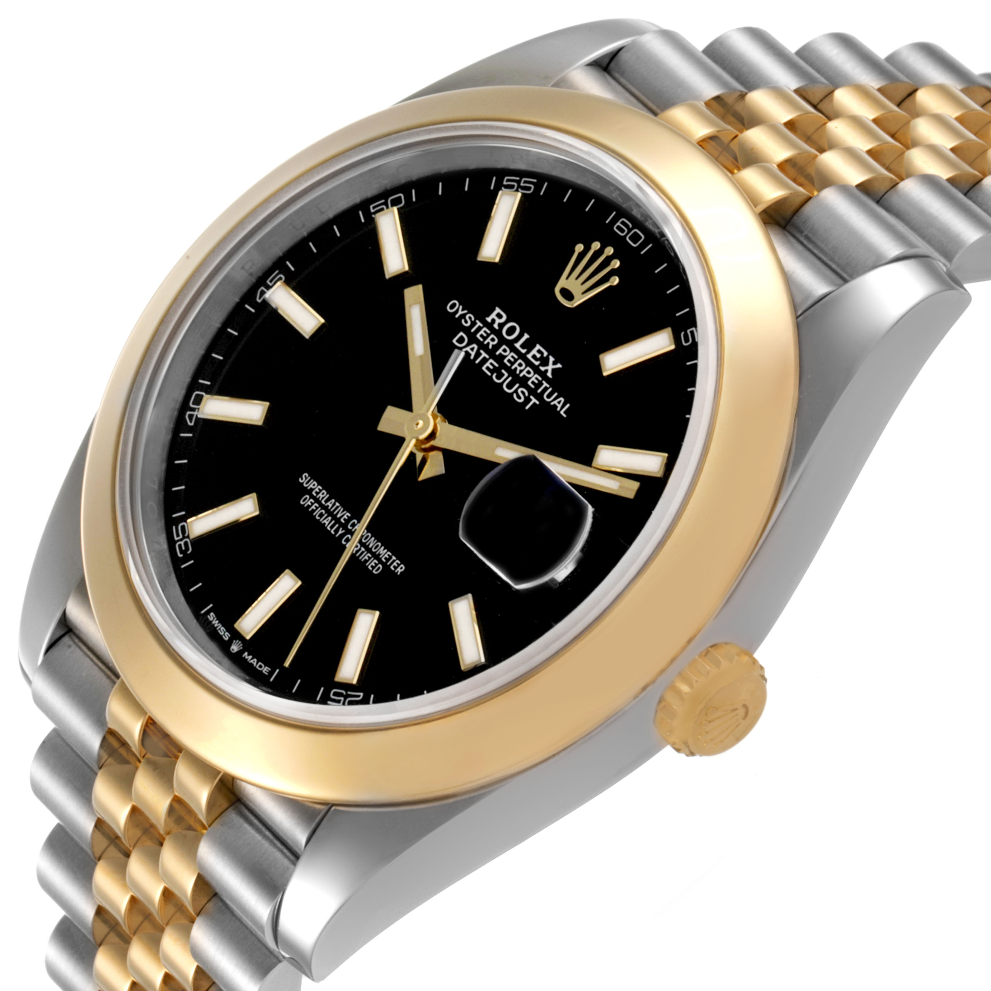 The Rolex Datejust 126303 Men's Steel and Gold (two tone) Black Dial watch is shown at a slight angle, highlighting the dial, bezel, and part of the bracelet.
