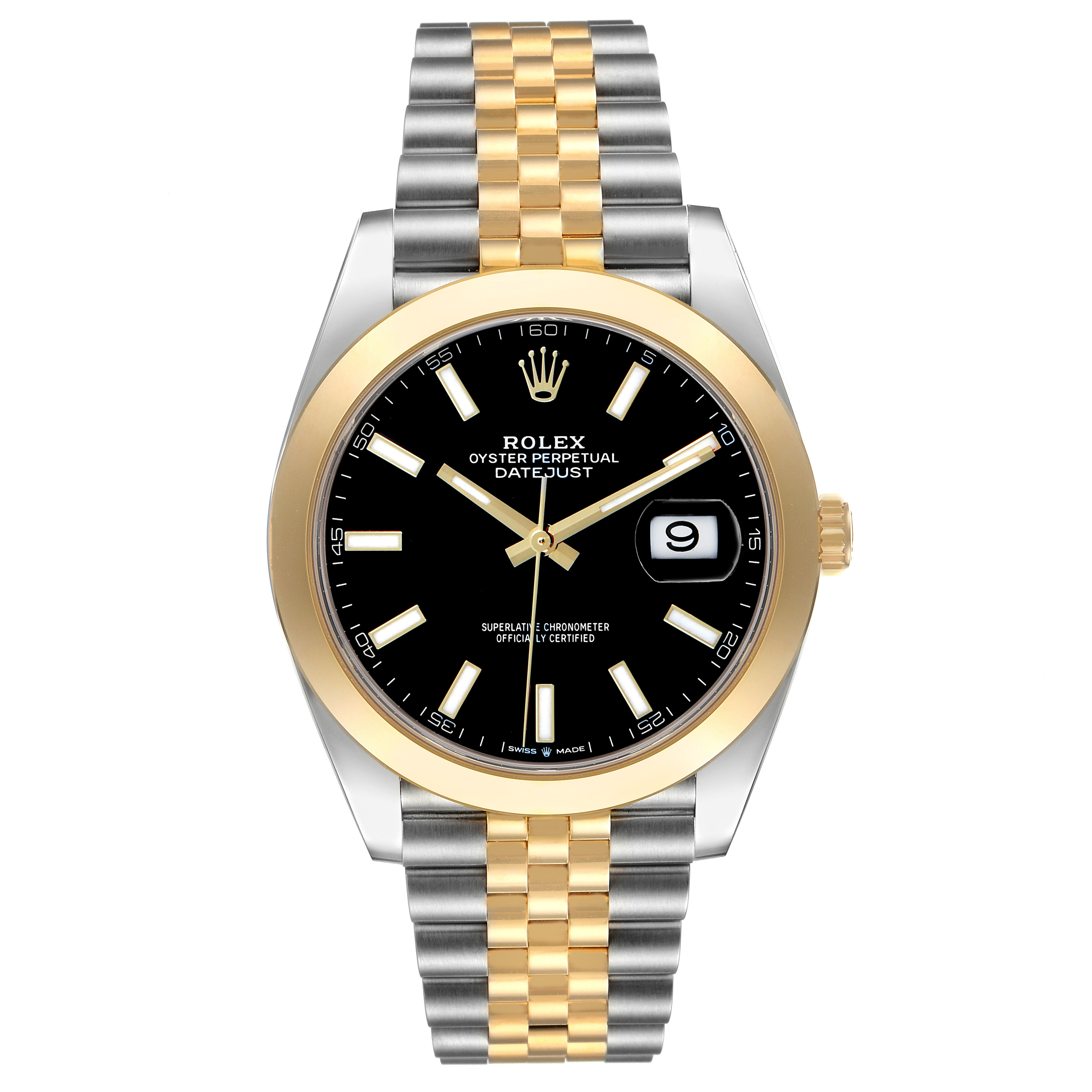 The Rolex Datejust 126303 Men's Steel and Gold (two tone) Black Dial is shown from the front, displaying the dial, bezel, case, and bracelet.