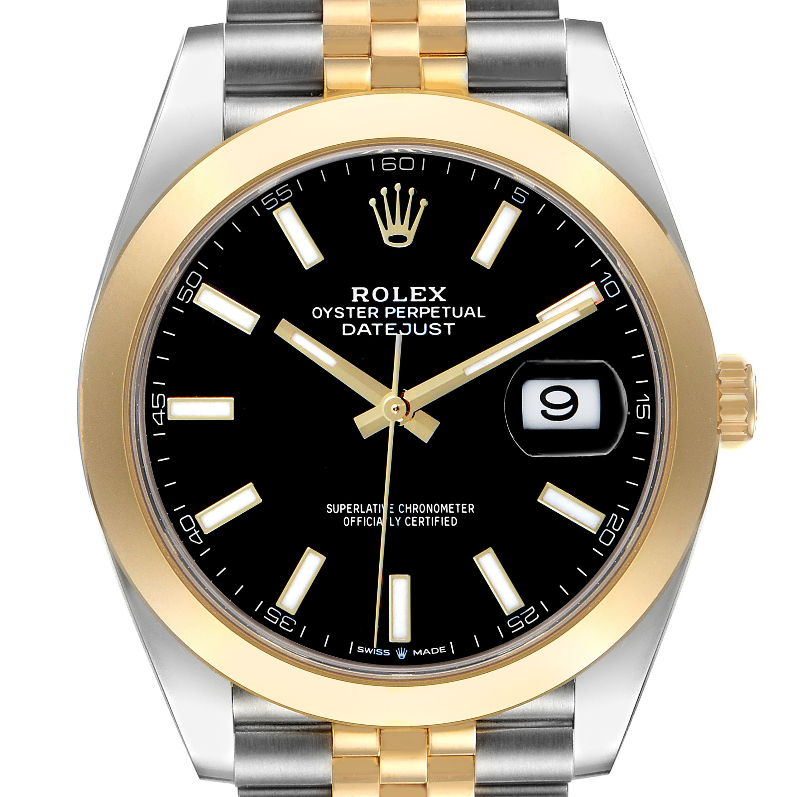 The Rolex Datejust 126303 Men's Steel and Gold (two tone) Black Dial watch is shown from the front, displaying the dial, bezel, crown, and part of the bracelet.