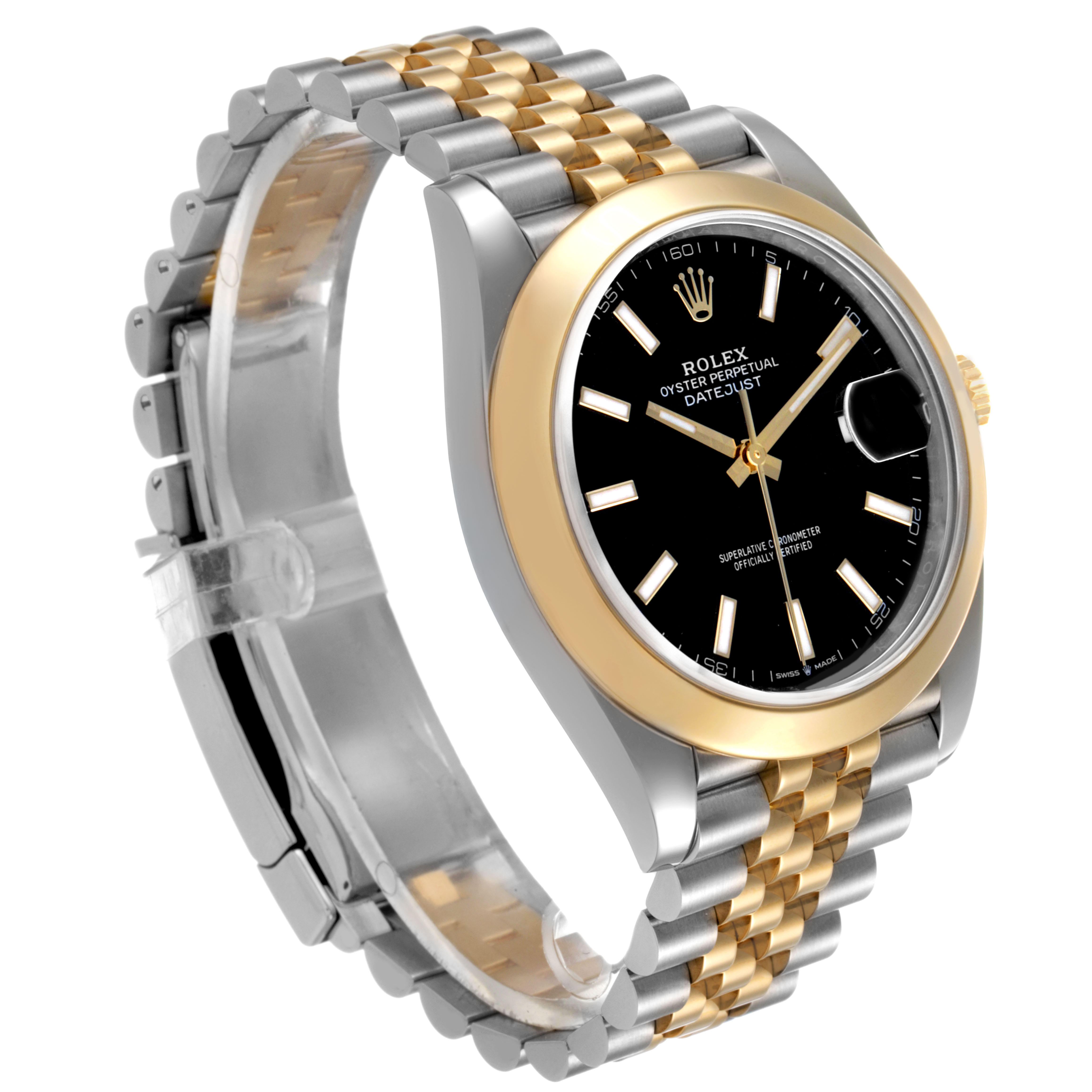 The Rolex Datejust 126303 Men's Steel and Gold (two tone) Black Dial watch is shown from an angled side view, highlighting the face, bezel, and two-tone bracelet.