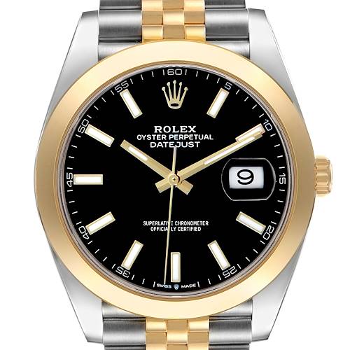 The Rolex Datejust 126303 Men's Steel and Gold (two tone) Black Dial watch is shown from a front angle, highlighting the dial, bezel, case, and part of the bracelet.
