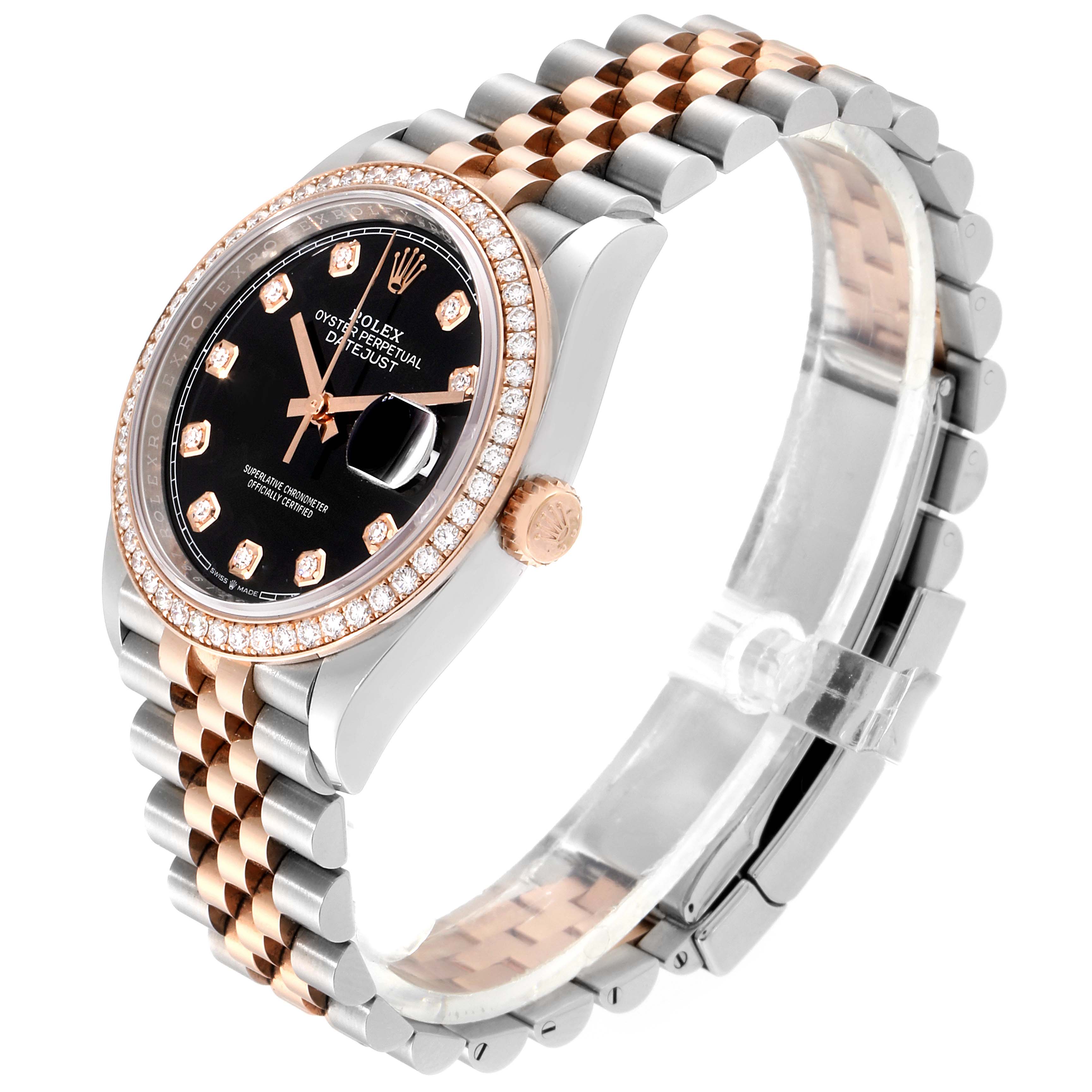 The image shows a Rolex Datejust 126281 Men's Rose Gold Black Dial 126281 Men's Rose Gold Black Dial watch at a three-quarter angle, highlighting its bracelet, bezel, and crown.