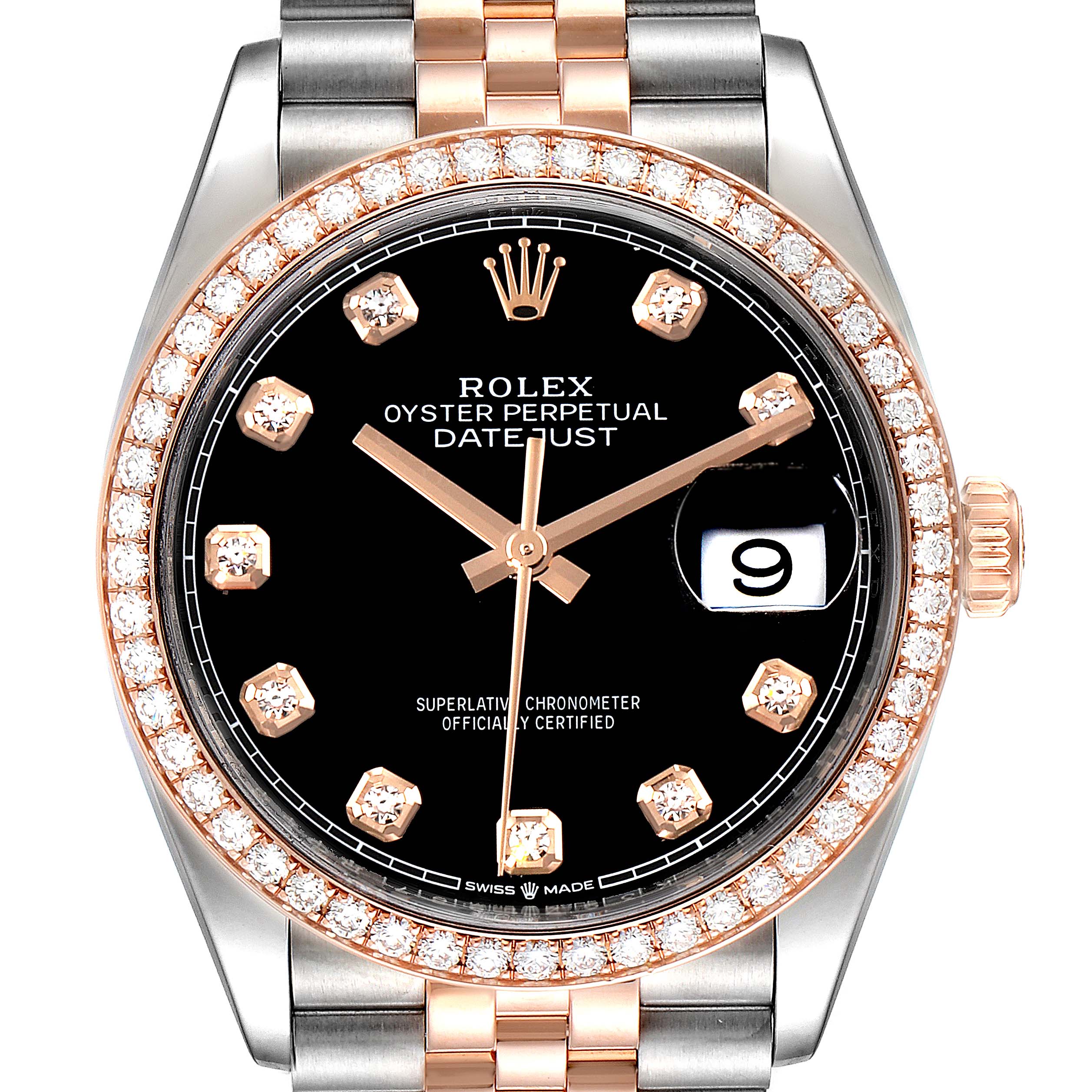 This image shows a front view of a Rolex Datejust 126281 Men's Rose Gold Black Dial 126281 Men's Rose Gold Black Dial watch featuring a diamond bezel, black dial, and two-tone bracelet.