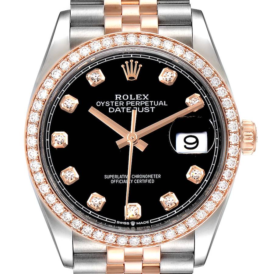 Rolex Datejust Black Diamond Dial Steel EveRose Gold Watch 126281 Box Card SwissWatchExpo
