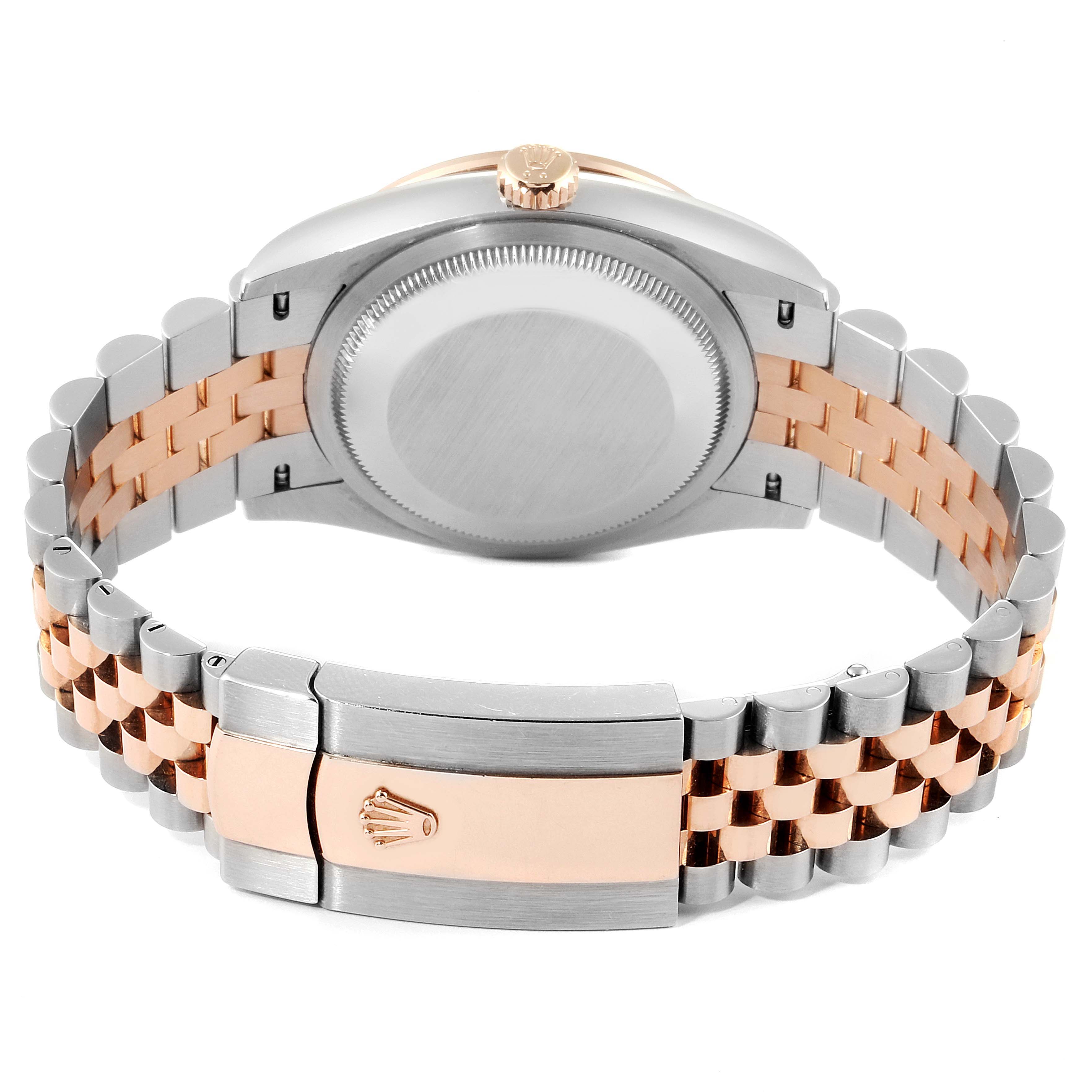 This image shows the back case and bracelet of a Rolex Datejust 126281 Men's Rose Gold Black Dial 126281 Men's Rose Gold Black Dial watch, with a two-tone metal design.