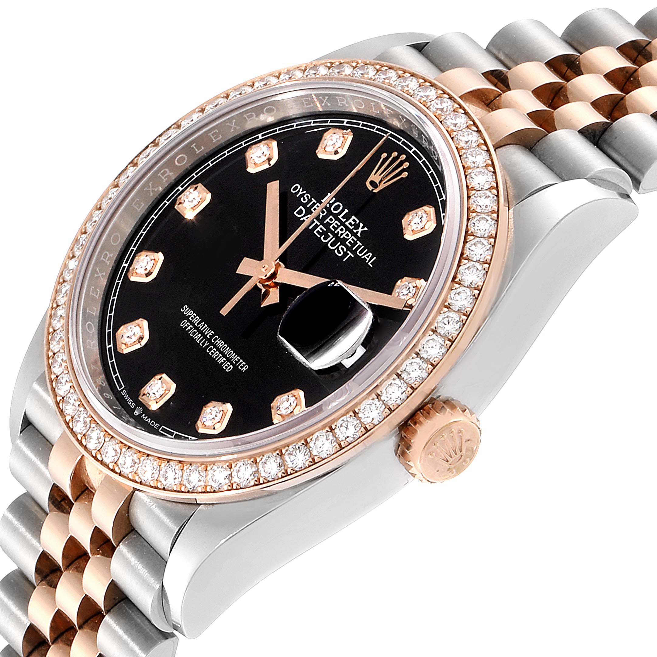 The image shows a Rolex Datejust 126281 Men's Rose Gold Black Dial 126281 Men's Rose Gold Black Dial watch from an angled perspective highlighting the face, bezel, crown, and part of the bracelet.