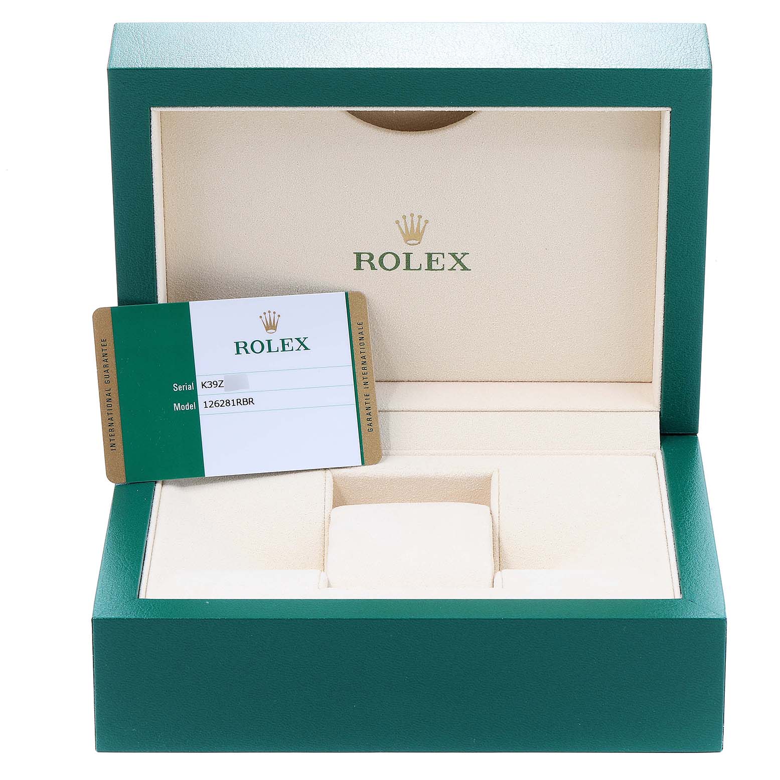 This image shows a Rolex Datejust 126281 Men's Rose Gold Black Dial 126281 Men's Rose Gold Black Dial box with an authenticity card placed inside.