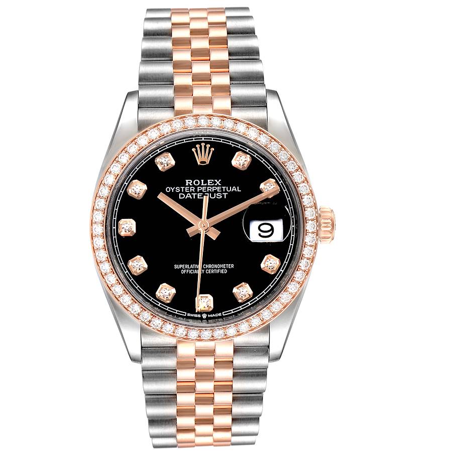 Rolex Datejust Black Diamond Dial Steel EveRose Gold Watch 126281 Box ...