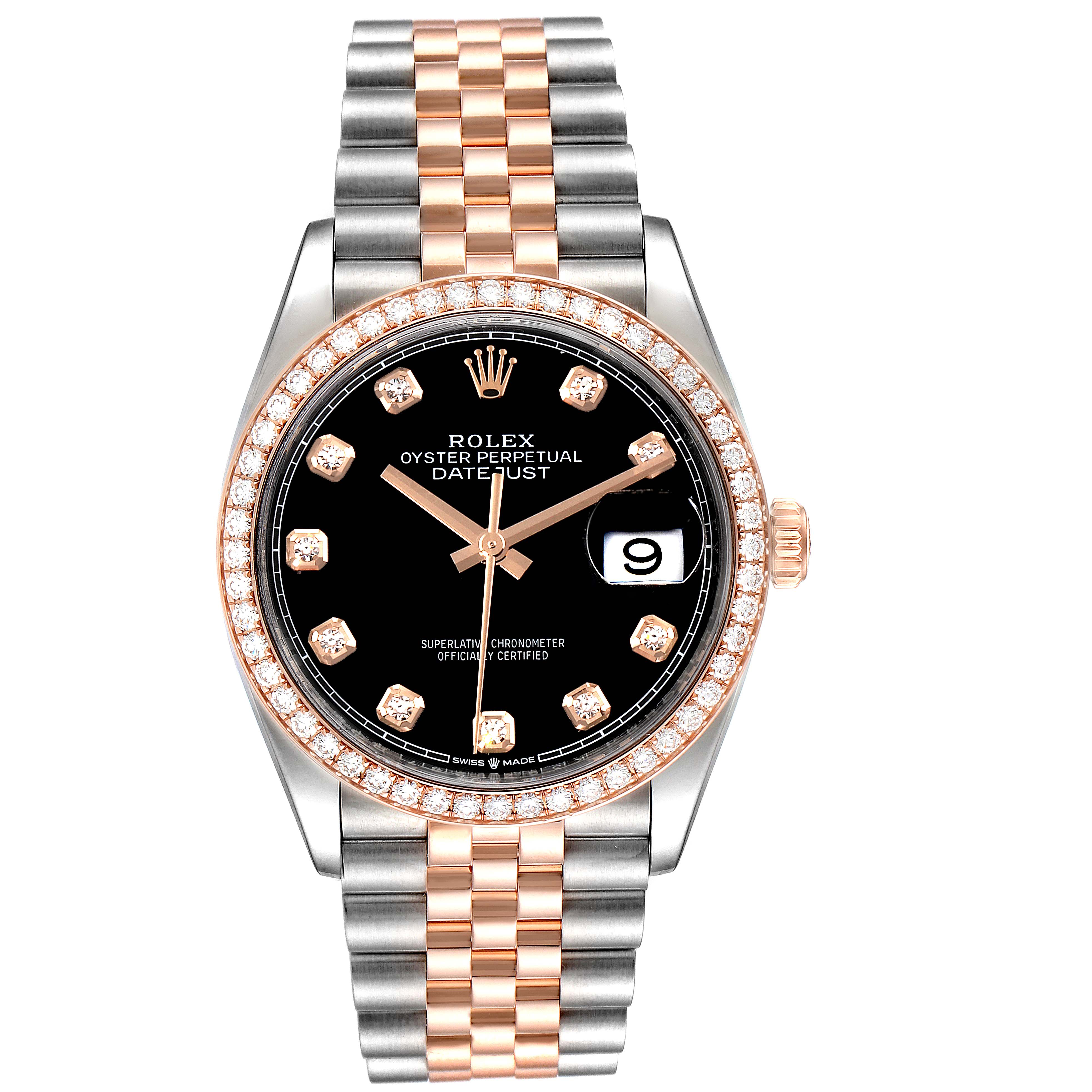 The Rolex Datejust 126281 Men's Rose Gold Black Dial 126281 Men's Rose Gold Black Dial watch is shown in a front view, highlighting the two-tone bracelet, diamond bezel, and black dial with a date display.