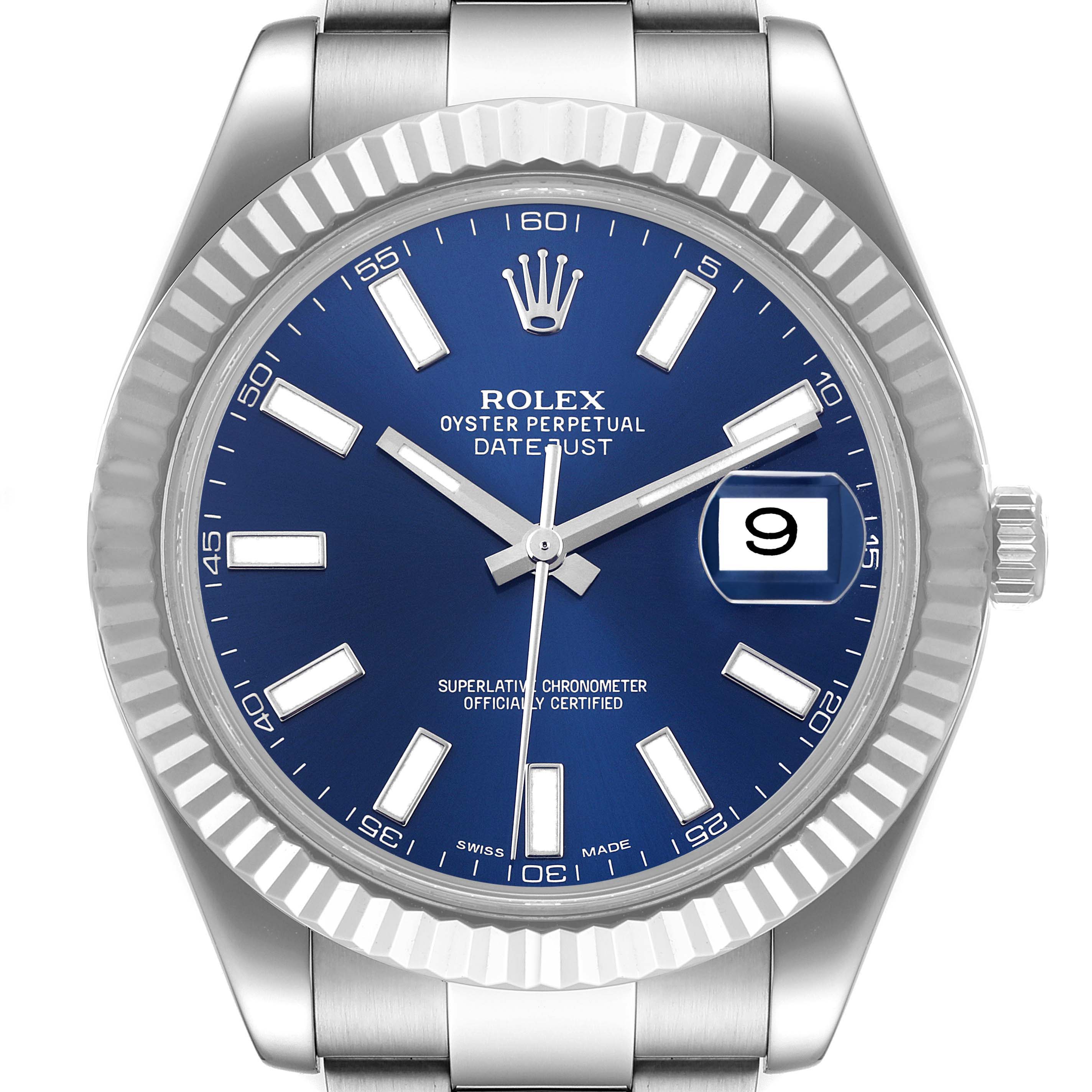 The Rolex Datejust 41 116334 Men
s Stainless Steel Blue Dial is shown from the front, displaying the blue dial, hour markers, hands, fluted bezel, and crown.