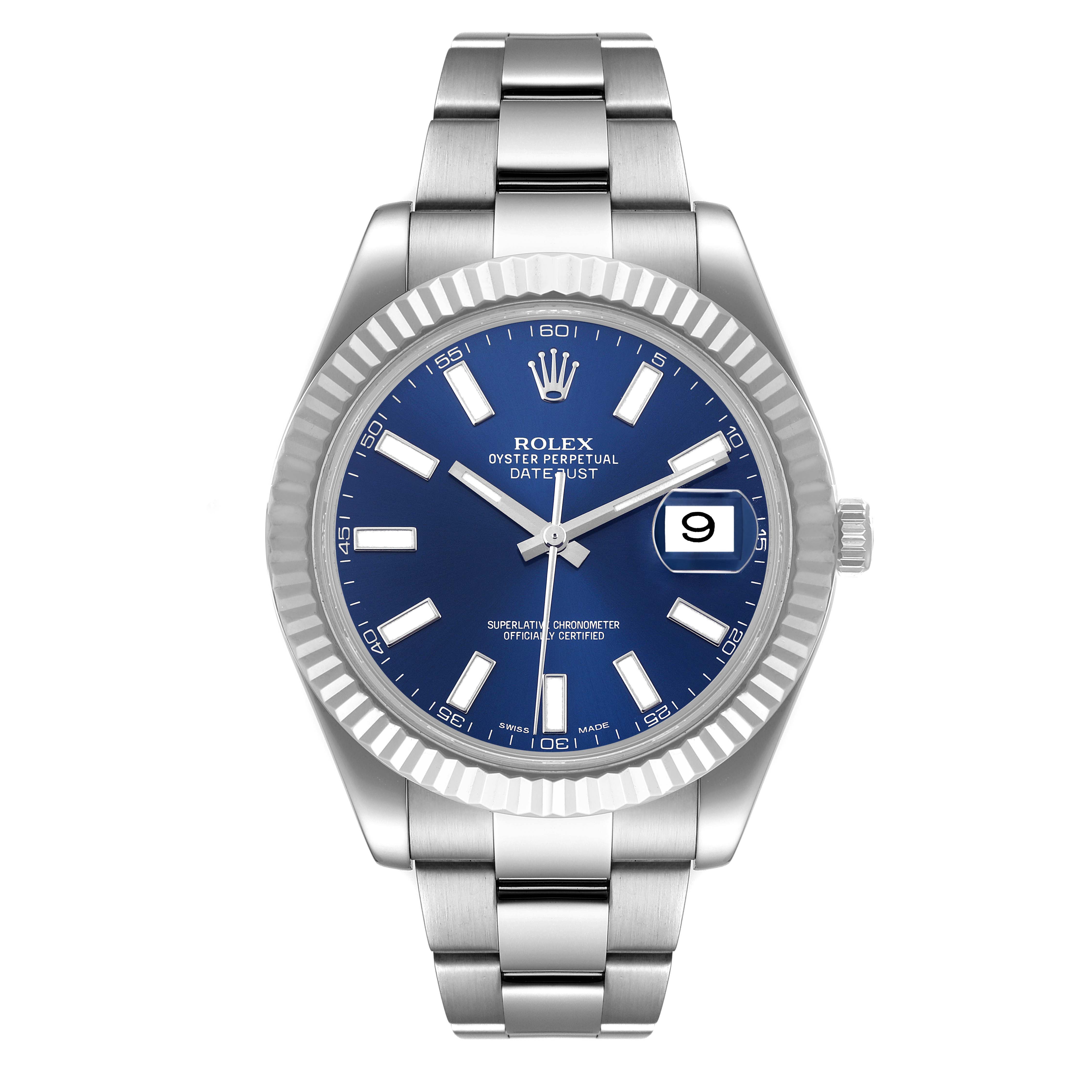 The Rolex Datejust 41 116334 Men
s Stainless Steel Blue Dial is shown from the front, highlighting the blue dial, fluted bezel, and stainless steel bracelet.