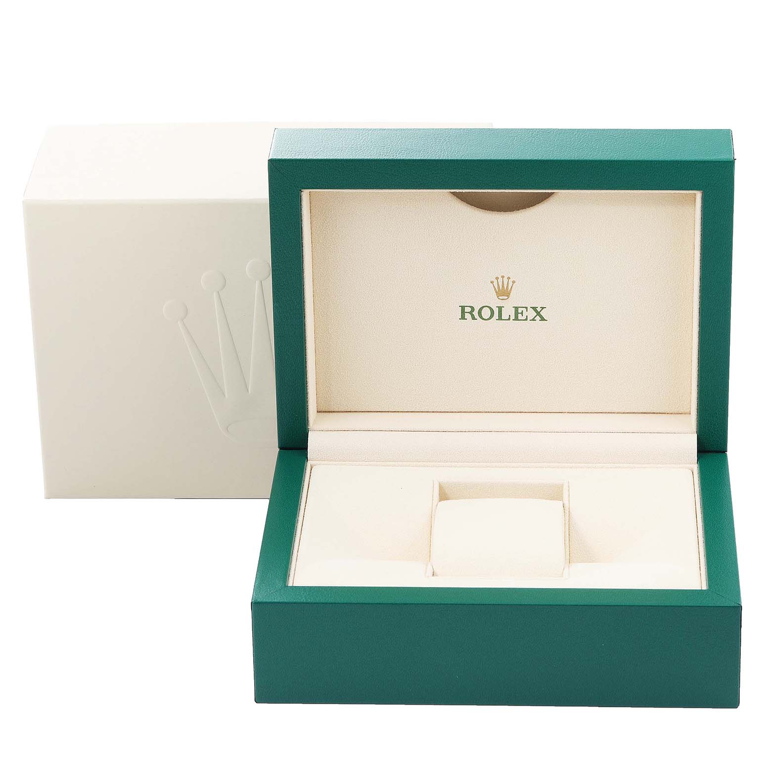 The image shows an open Rolex Datejust 41 116334 Men
s Stainless Steel Blue Dial watch box, revealing the interior with a cushioned center and logo.