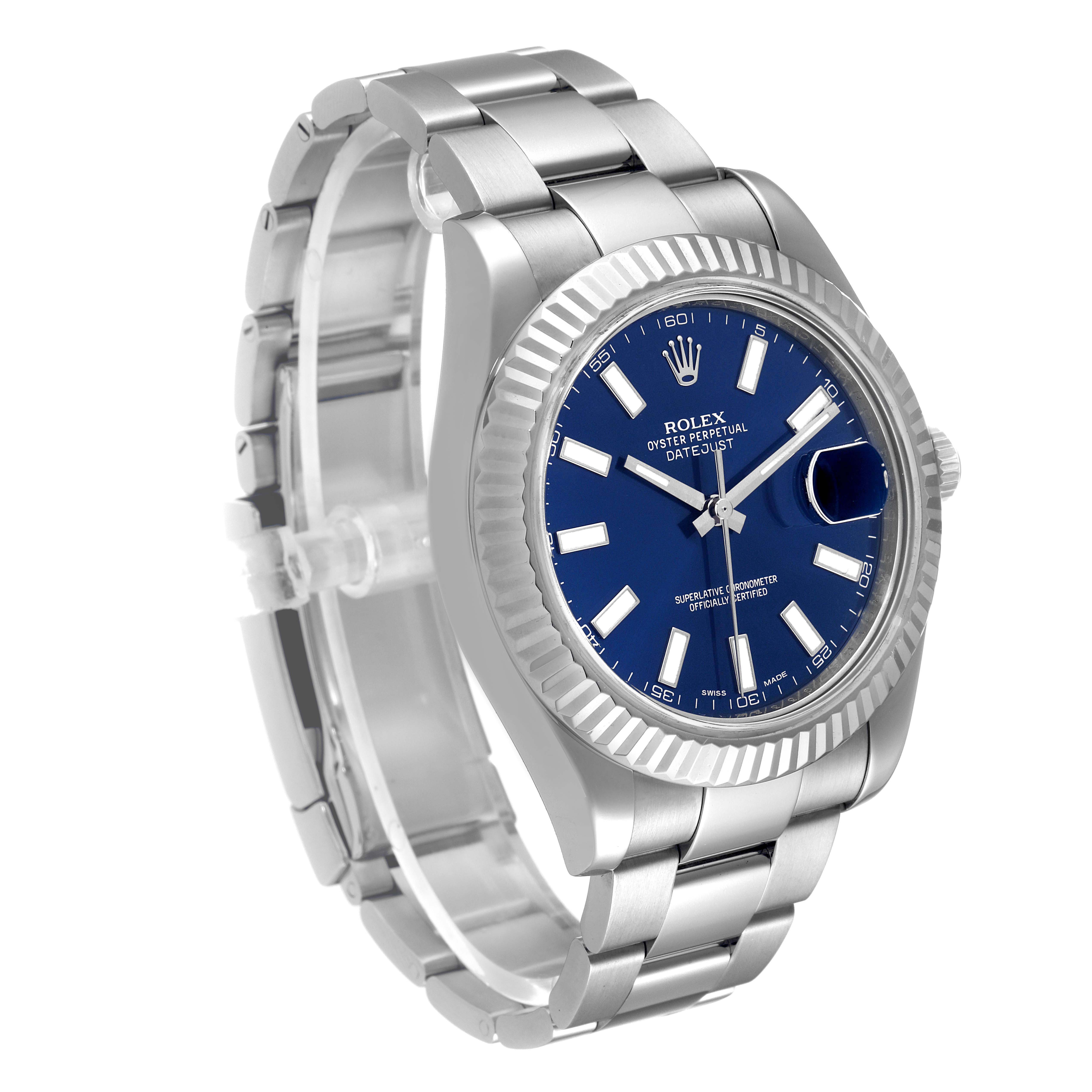 The Rolex Datejust 41 116334 Men
s Stainless Steel Blue Dial is shown at a three-quarter angle, highlighting the bracelet, fluted bezel, and blue dial with luminescent hour markers.