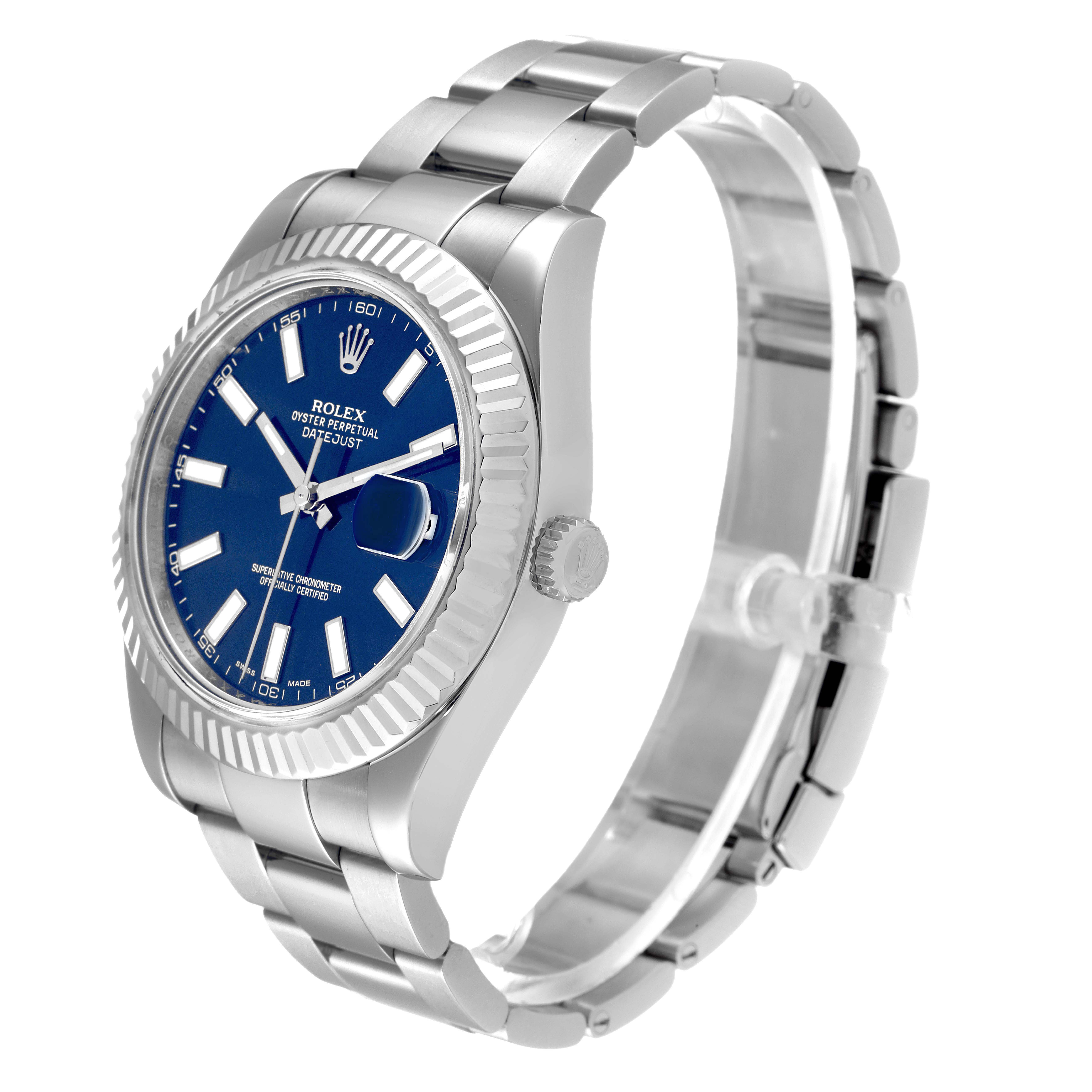 The Rolex Datejust 41 116334 Men
s Stainless Steel Blue Dial is shown at a three-quarter angle highlighting the blue dial, bezel, crown, and bracelet.