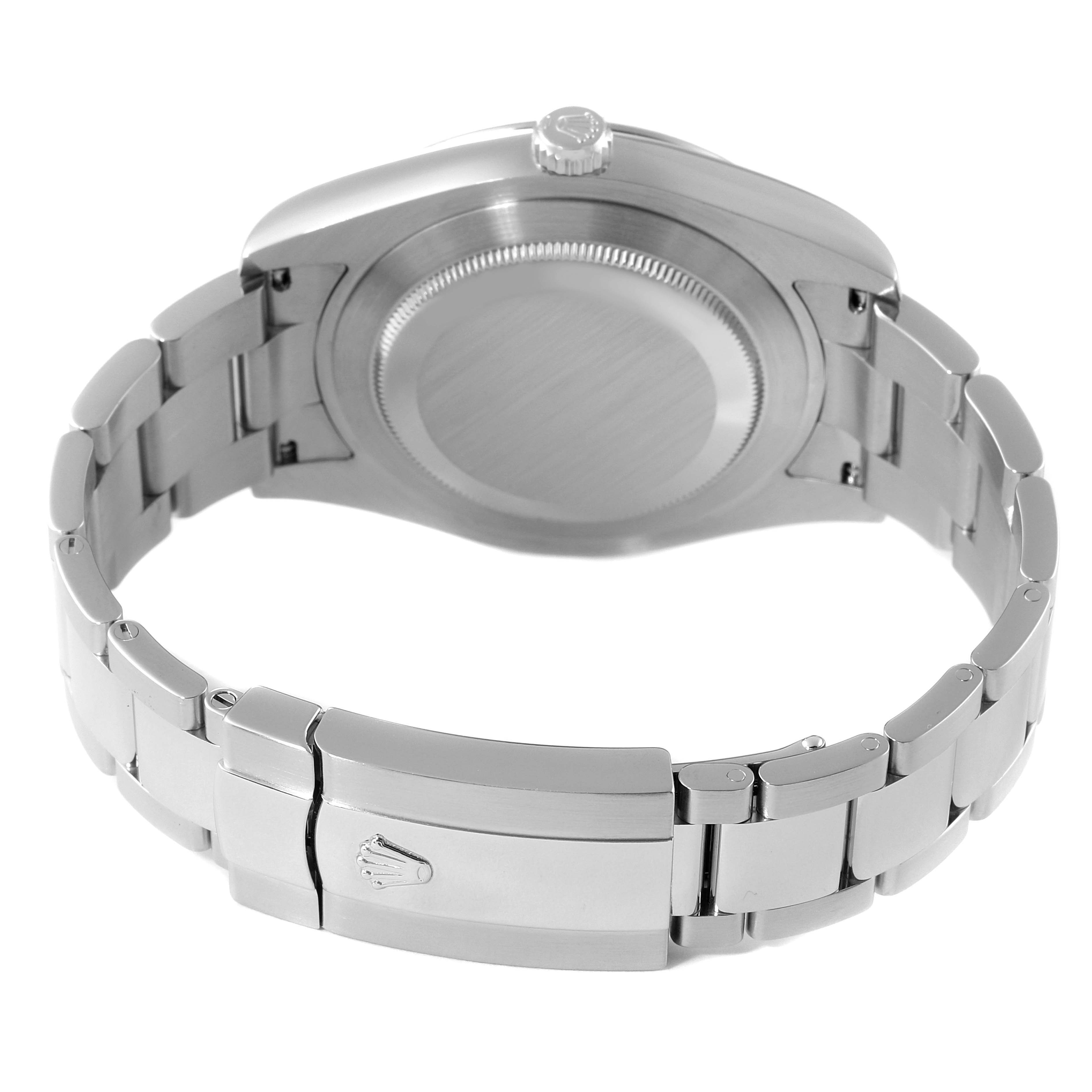 The Rolex Datejust 41 116334 Men
s Stainless Steel Blue Dial is shown from the back, highlighting the bracelet, clasp, and case back.