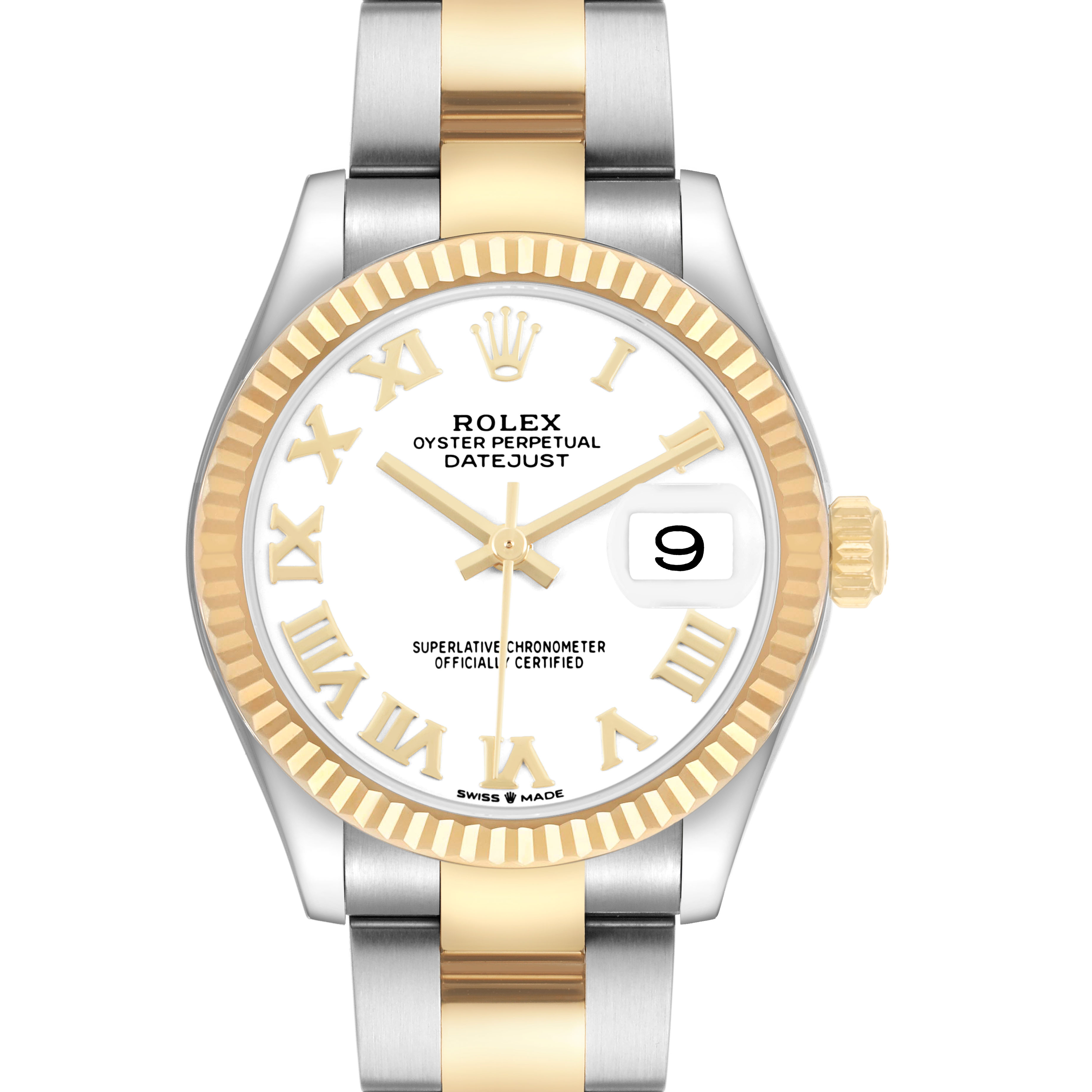 The Rolex Datejust 278273 Women's Steel and Gold (two tone) White Dial watch is shown from the front, displaying the dial, bezel, hands, and part of the bracelet.