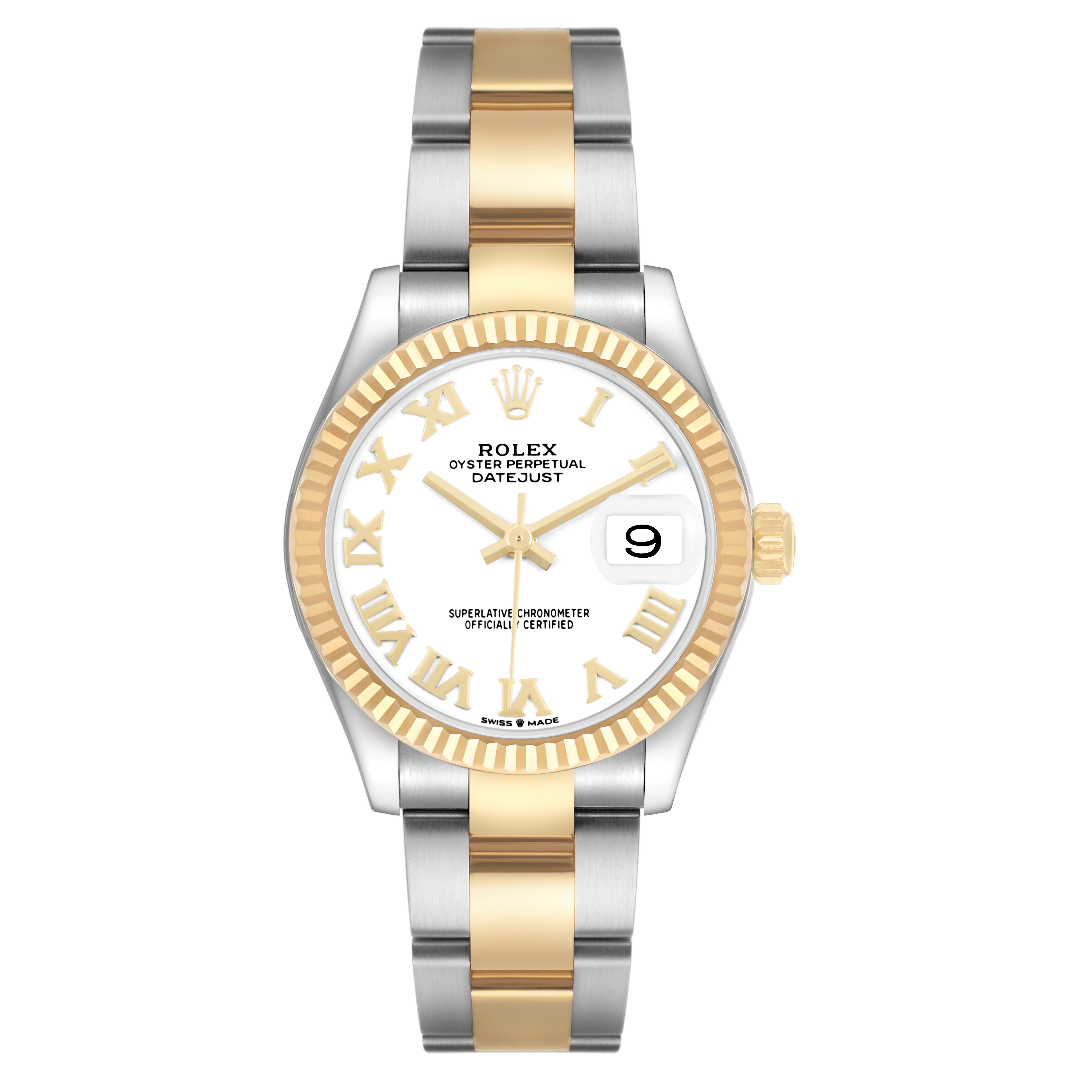 The Rolex Datejust 278273 Women's Steel and Gold (two tone) White Dial watch is shown from a front angle, highlighting its gold and silver bracelet, white dial, and date complication.
