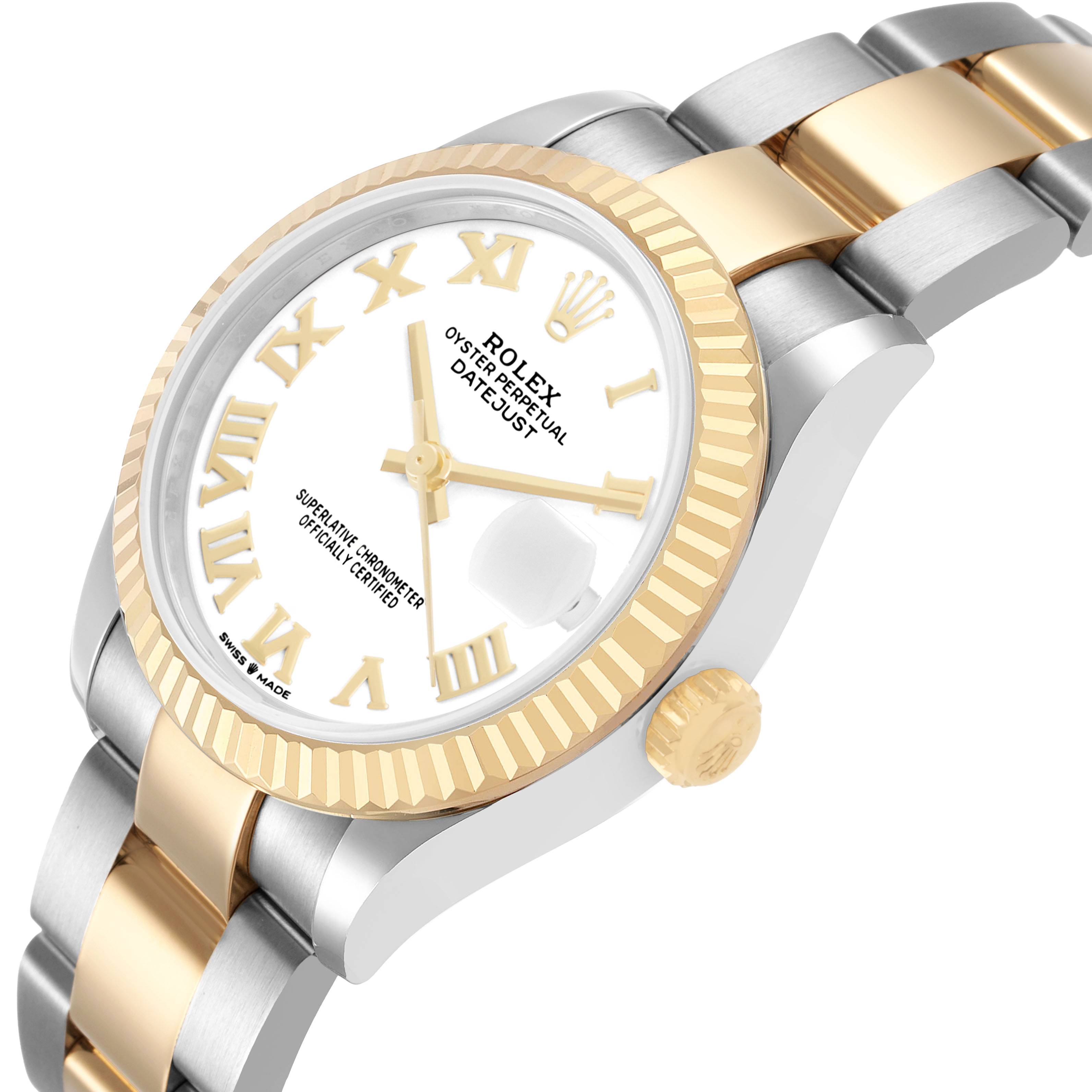 The Rolex Datejust 278273 Women's Steel and Gold (two tone) White Dial watch is shown at an angle highlighting its bezel, crown, and bracelet.