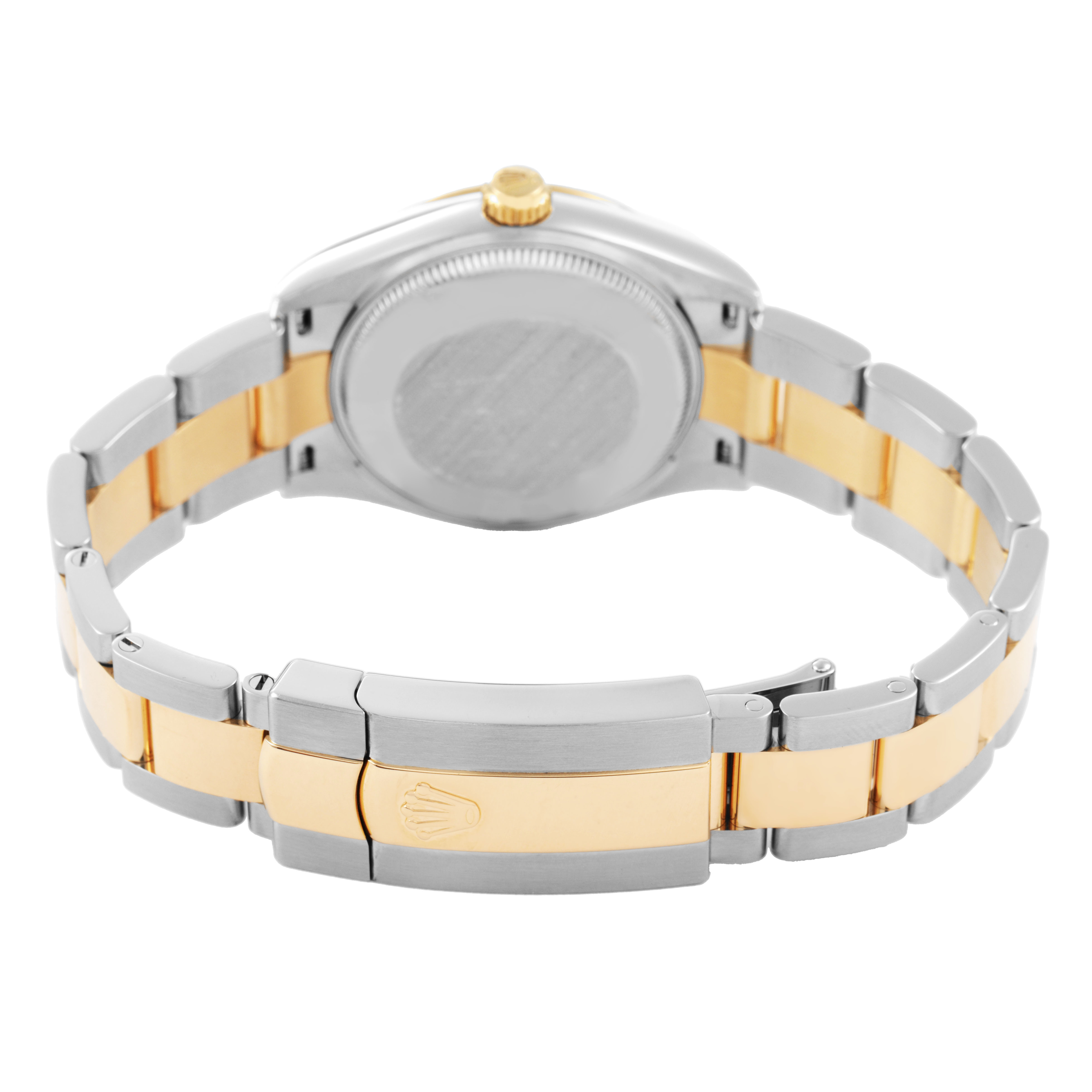 The image shows the back view of a Rolex Datejust 278273 Women's Steel and Gold (two tone) White Dial watch, highlighting the two-tone bracelet and clasp.