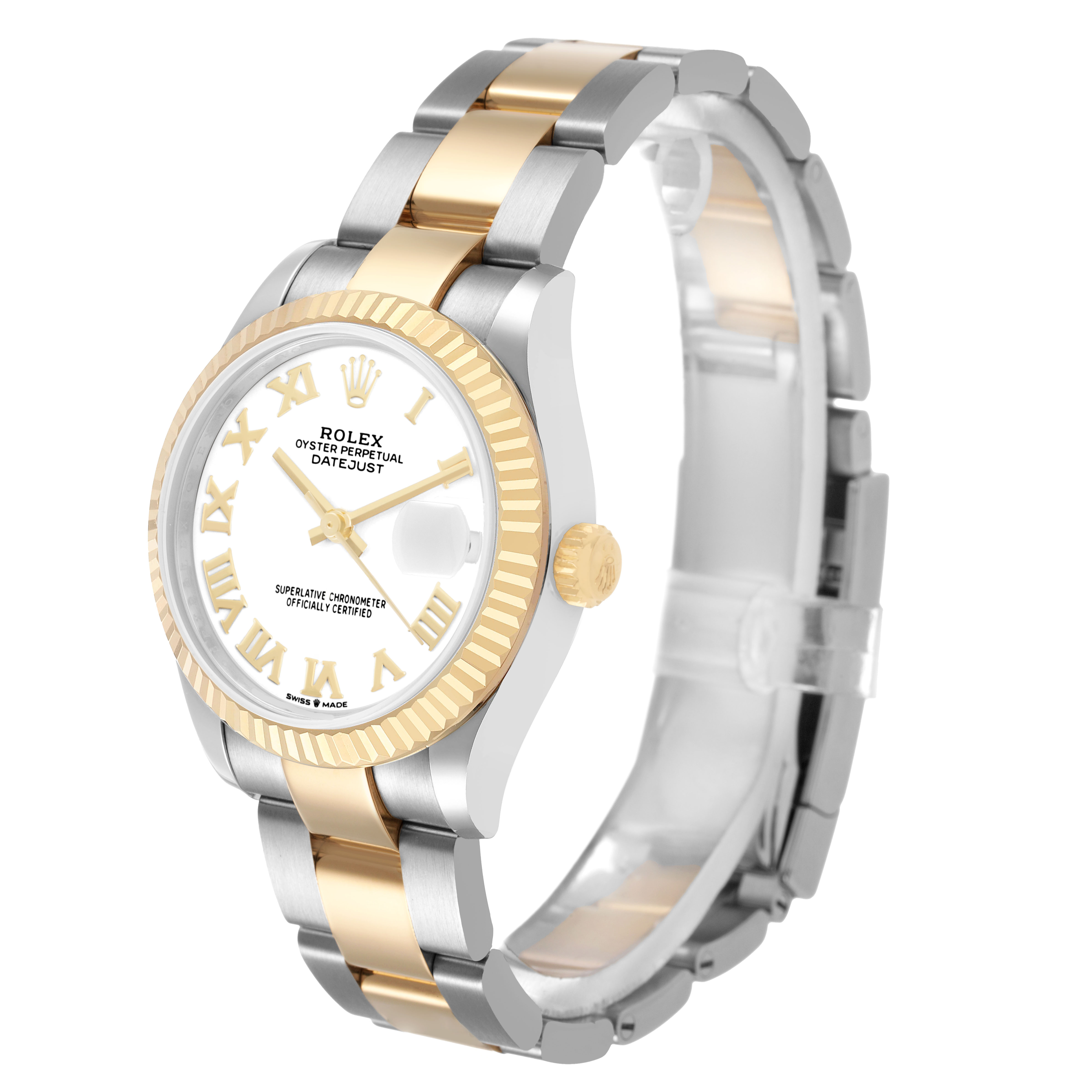 The Rolex Datejust 278273 Women's Steel and Gold (two tone) White Dial watch is shown at a three-quarter angle, highlighting the dial, fluted bezel, and two-tone bracelet.